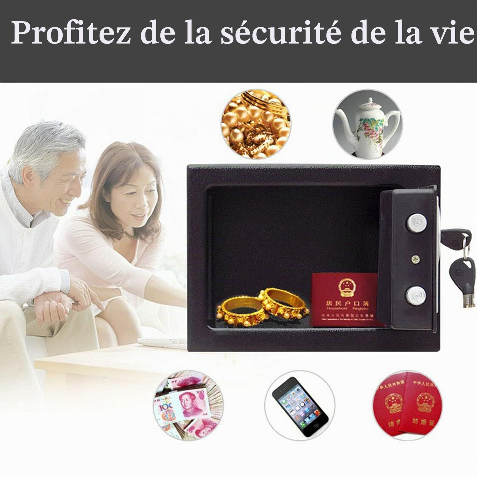 Coffre-fort numérique noir de 8,5 l pour la maison, coffre-fort électronique avec code PIN et clés, ignifuge et étanche pour bijoux, argent, coffre-fort numérique noir pour la maison