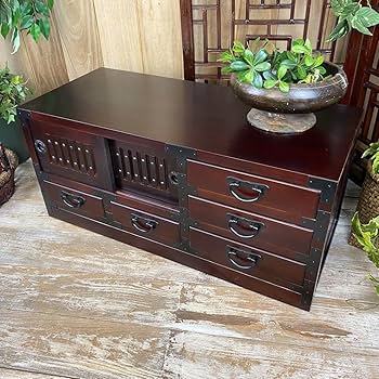 Amazon｜人気再入荷民芸家具桐材天然無垢和引き戸付きチェスト横長