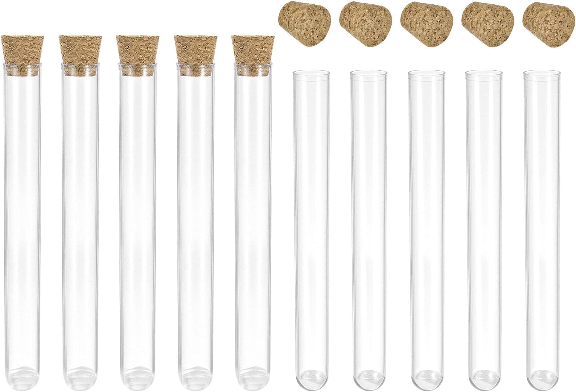 sourcing map10Pcs PS Plastic Test Tubes with Cork Stoppers, Round Base, 12x100mm, Storage Container for Scientific Experiments Sample Display Decorations