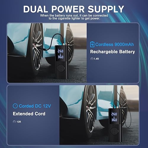 Miniatura 3 de Inflador de neumáticos, compresor de aire portátil, 9000 mAh y CC 12 V de doble potencia, inflado rápido de 40 Lmin, bomba de aire inalámbrica de