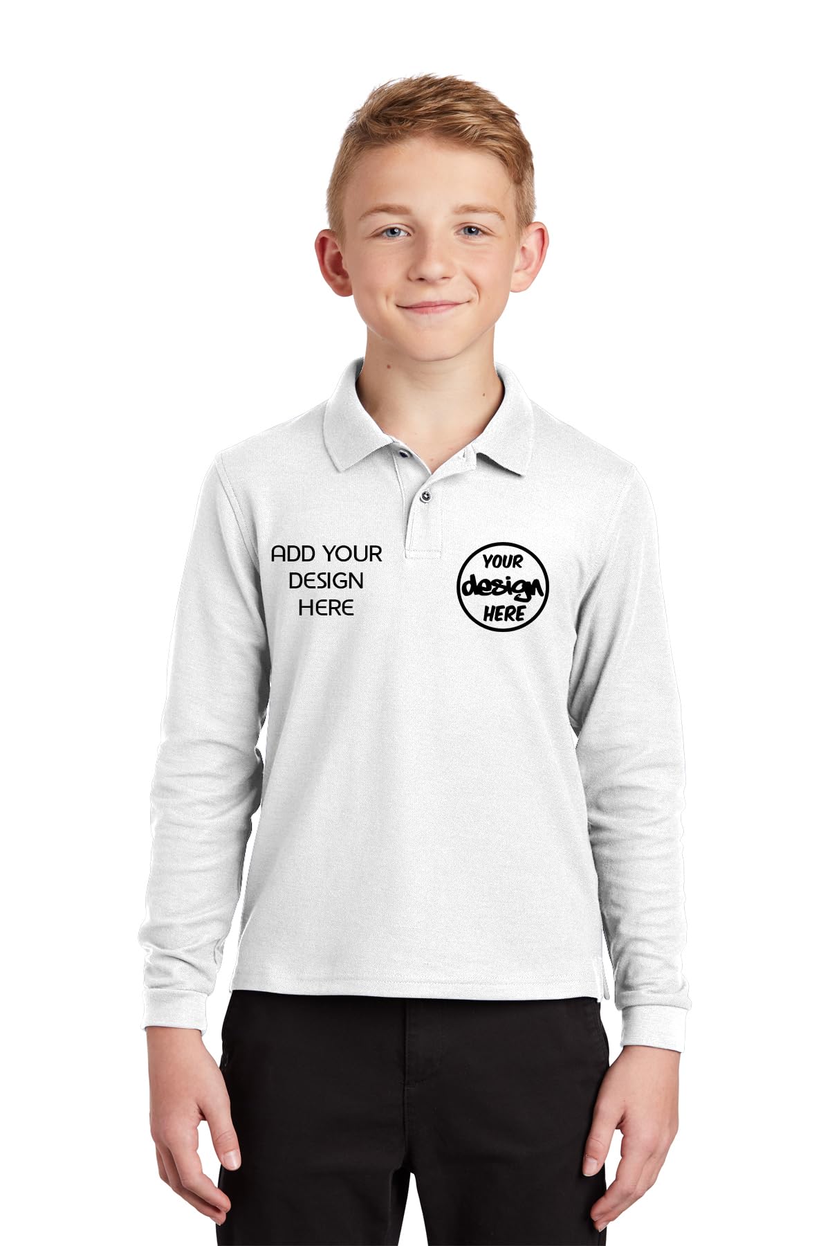 INK STITCH Unisex Kids Youth Y500ls Custom Embroidery Logo Texts Silk Touch Long Sleeve Polo Shirts - White (M)