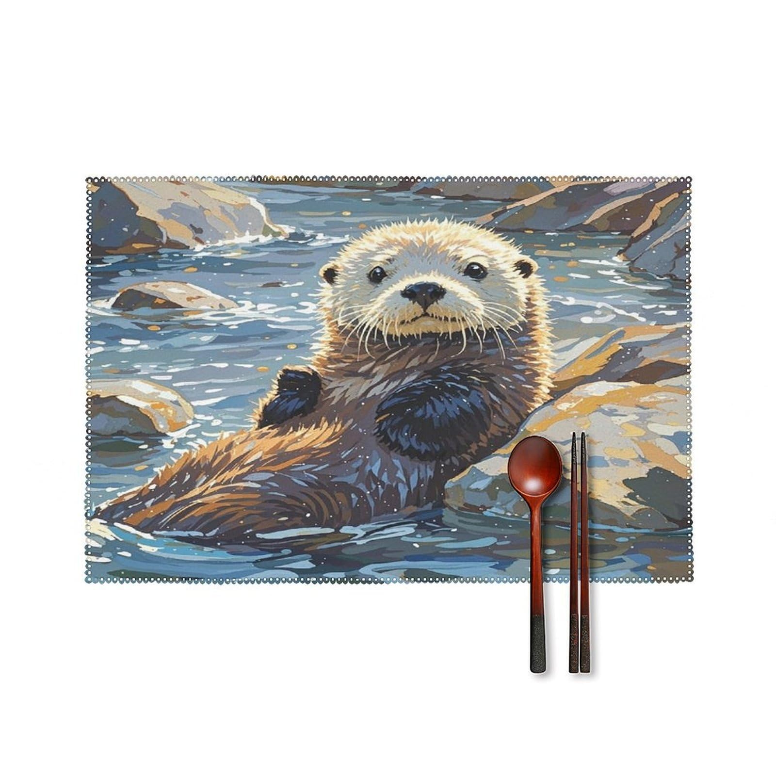 Sea Otters Painting Placemats Set of 4 Heat Resistant Non-Slip Place Mats Wipeable Easy to Clean Table Mats for Kitchen Dining Party Outdoor Placemats