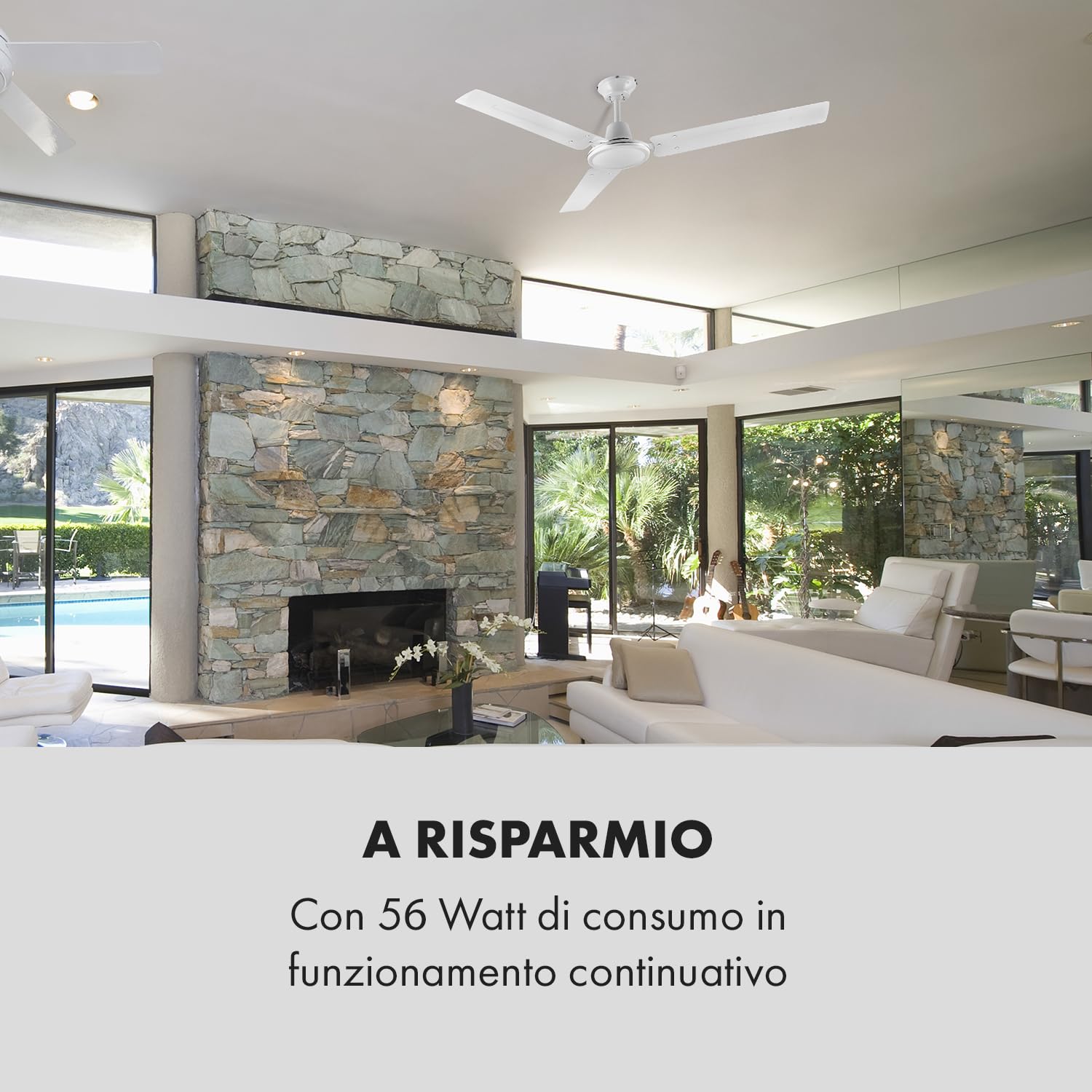 Klarstein Spin Doctor - Ventilatore da Soffitto, 3 Pale, Diametro: 48"/122 cm, Flusso d'Aria: 9963 m³/h, 56 W, 3 Velocità, Controllo a Parete Separato, Corpo: Acciaio Inox, Bianco