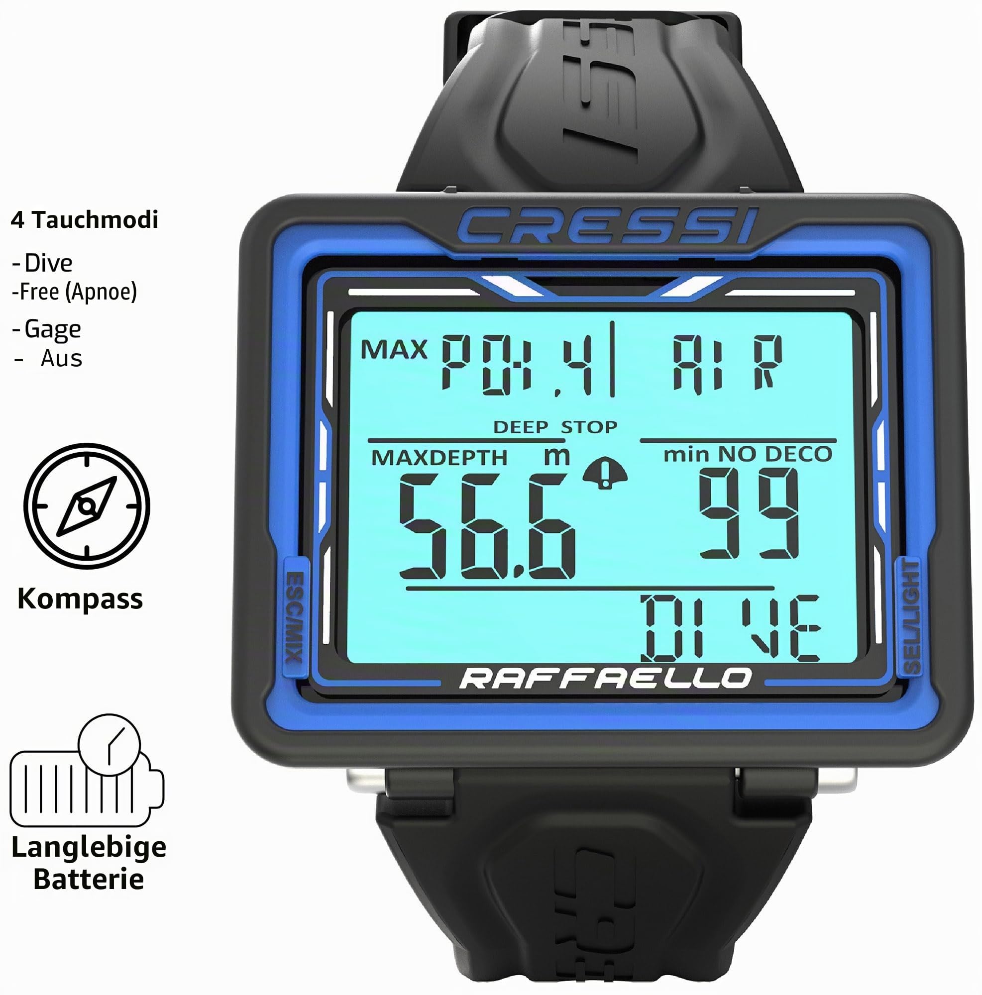CRESSI Raffaello Diving Computer - Tauchcomputer Unisex mit Großem Rechteckigem Bildschirm mit Hohem Kontrast für Maximale Lesbarkeit der Daten, Einheitsgröße