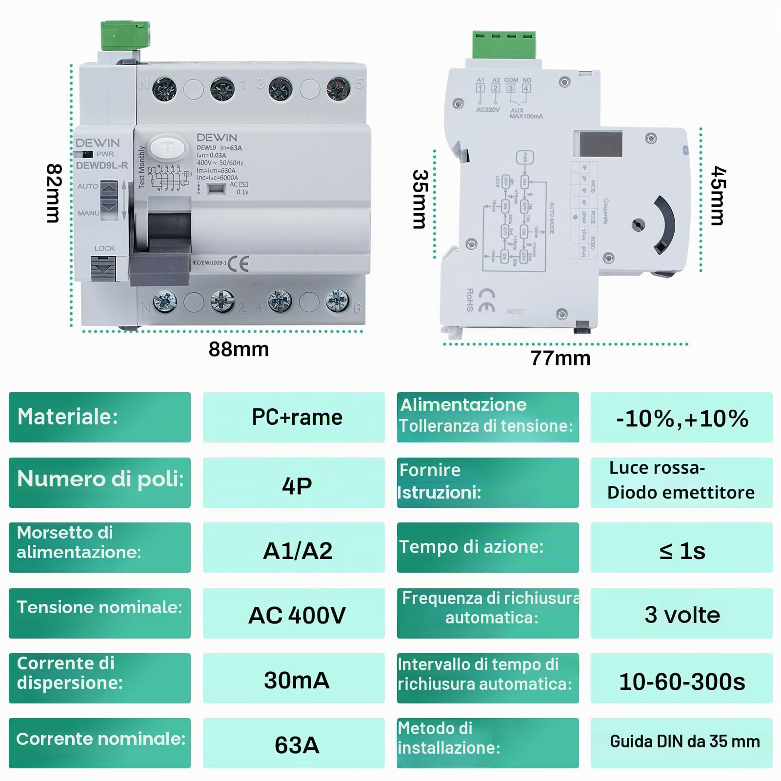 Differenziale Riarmo Automatico, 4P 63A 30ma 400V Salvavita con Riarmo Automatico RCCB Interruttore Differenziale a Riarmo Automatico Salvavita Interruttore di Protezione da Perdite