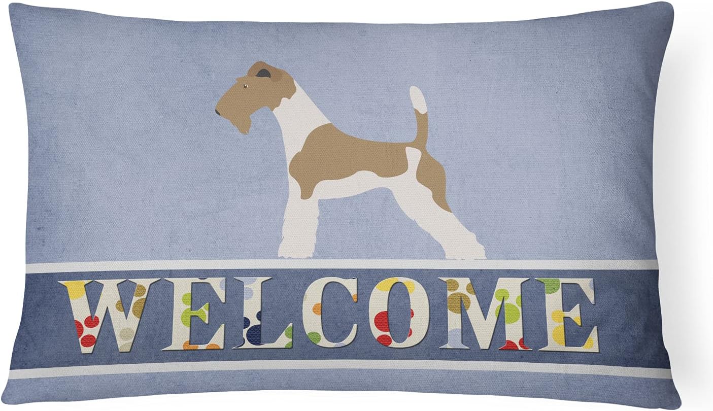 Caroline's Treasures BB8284PW1216 Wire Fox Terrier Welcome Canvas Fabric Decorative Pillow, Blue Machine Washable, Indoor Outdoor Decorative Pillow for Couch, Bed or Patio, 12HX16W