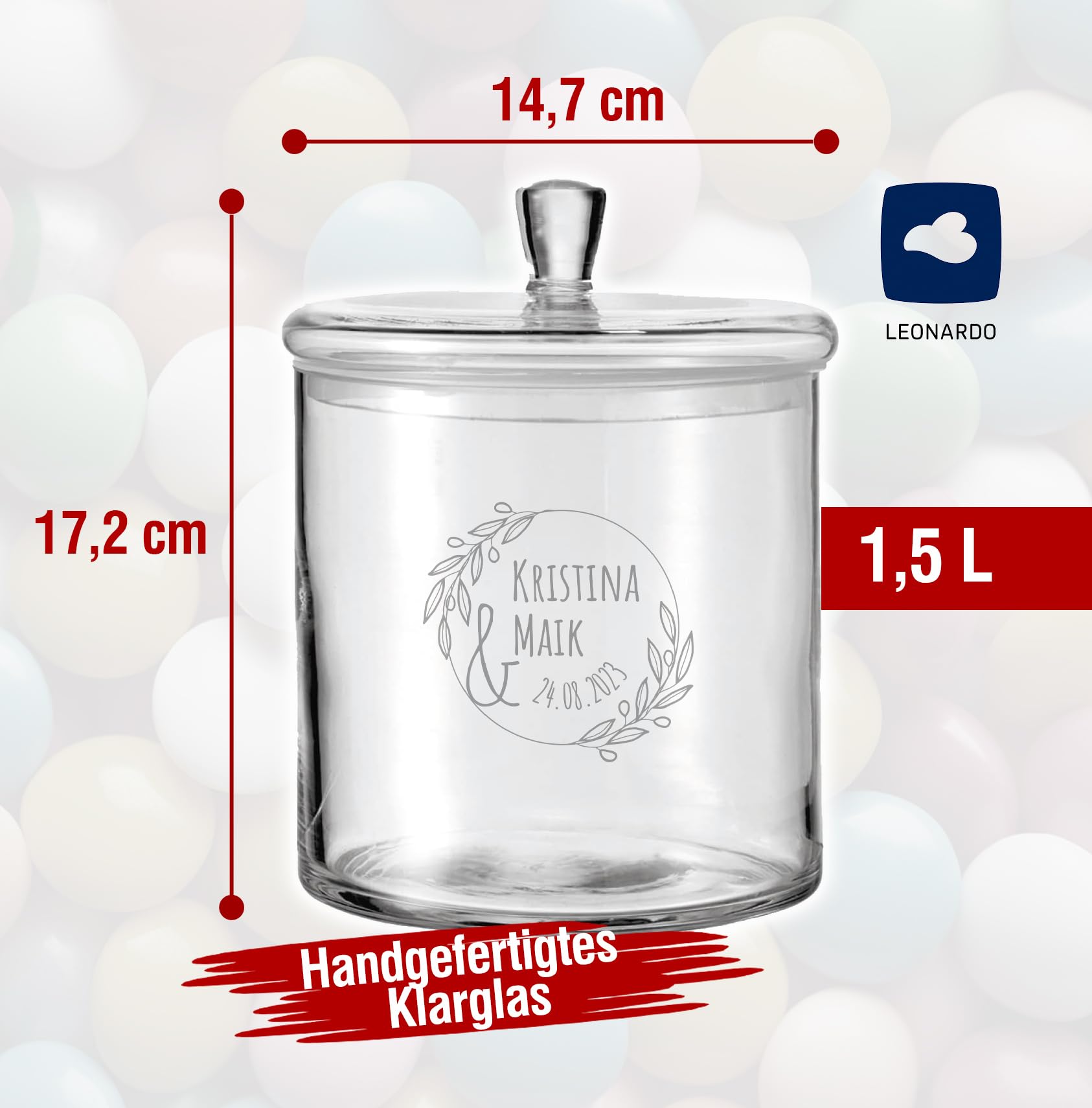 LALALO Leonardo Keksdose mit Gravur als Hochzeit Geschenk, Keksglas/Bonbonglas personalisiert als Hochzeitsgeschenk, Vorratsdose für Paare zum Hochzeitstag als Geldgeschenk (Ewigkeitszweig)