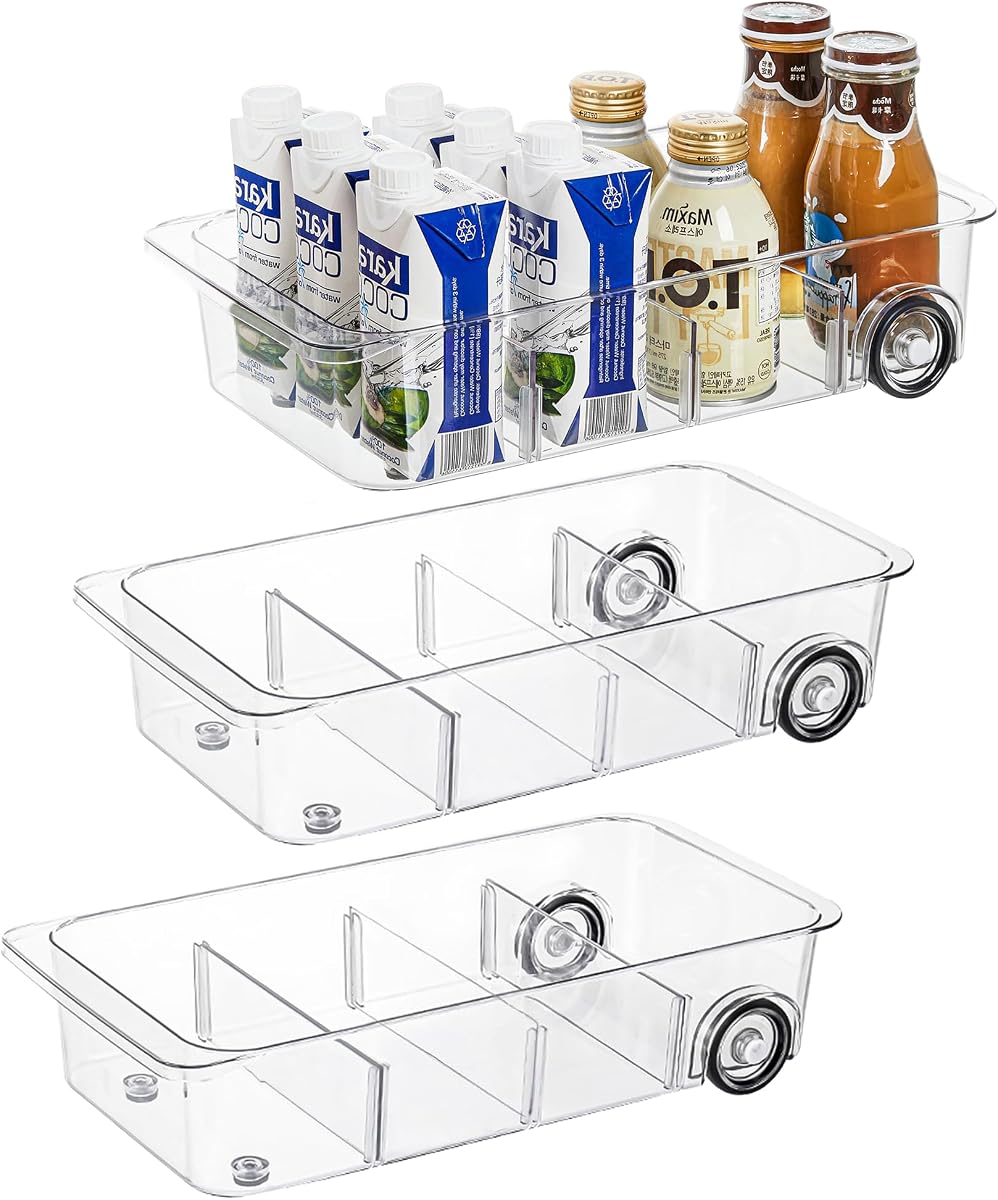 Organizadores y almacenamiento desplegables para refrigerador, paquete de 3 cajones para refrigerador | Carrito rodante para nevera, ruedas de silicona, divisores ajustables, bandeja de plástico para nevera, despensa, baño y cocina