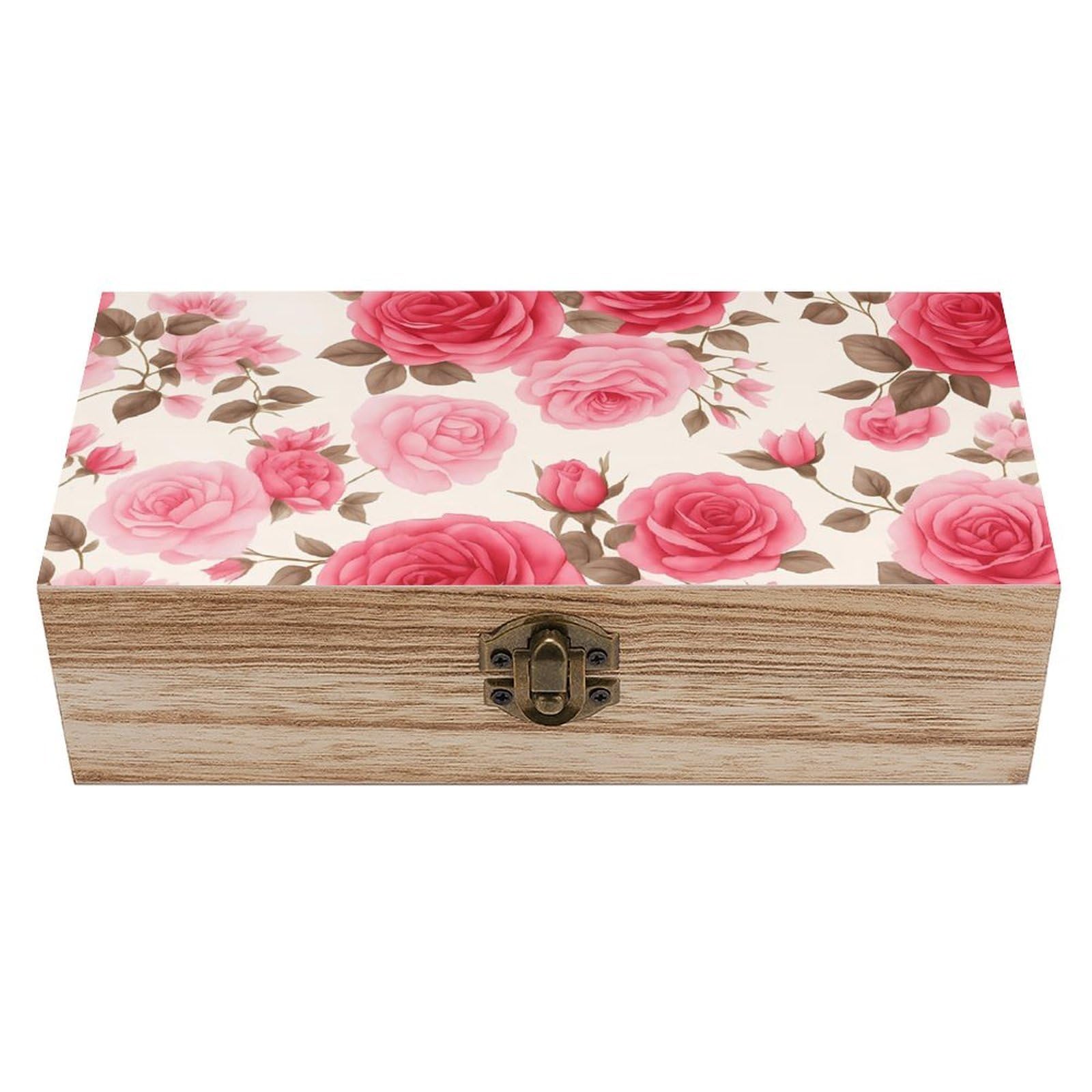 HLBSDM Retro Blooming Pink Roses Retro Wooden Storage Box Jewelry Art Gift Boxs Decorative Keepsake Boxes