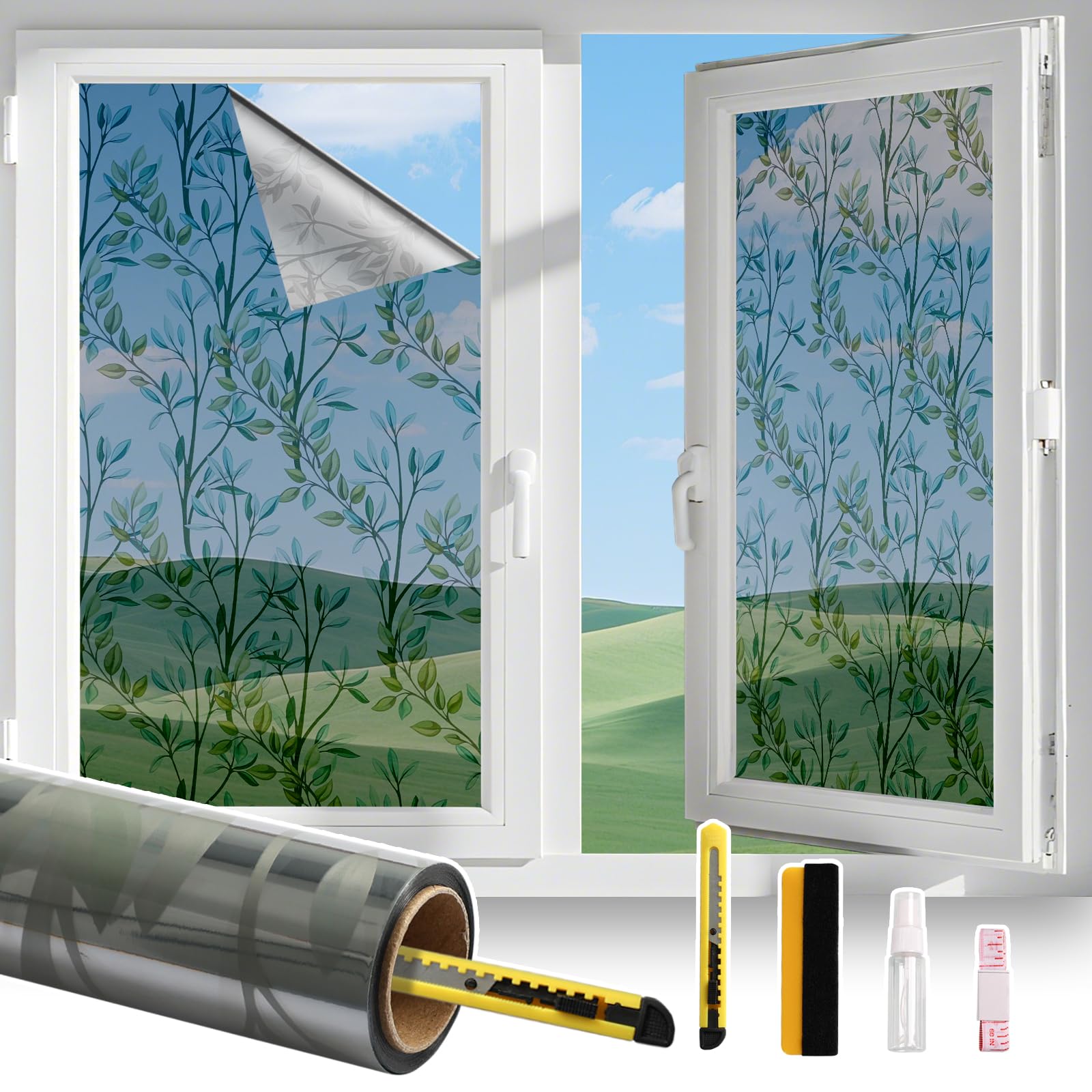 Conkov Window Privacy Film, One Way Translucent with Green Leaf Pattern, Sun Blocking, Electrostatic Adsorption, No Glue, Suitable for Home and Office, Sliver, 44.5 x 400 cm with Tool โ image 1