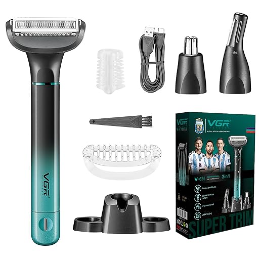 VGR 625 3 in 1 Men's Intimate Part, Cordless Nose Shaver with Base, Multifunctional Trimmer Suitable for Chest, Legs, Armpits, Nose and Face, IPX5 Waterproof, Green