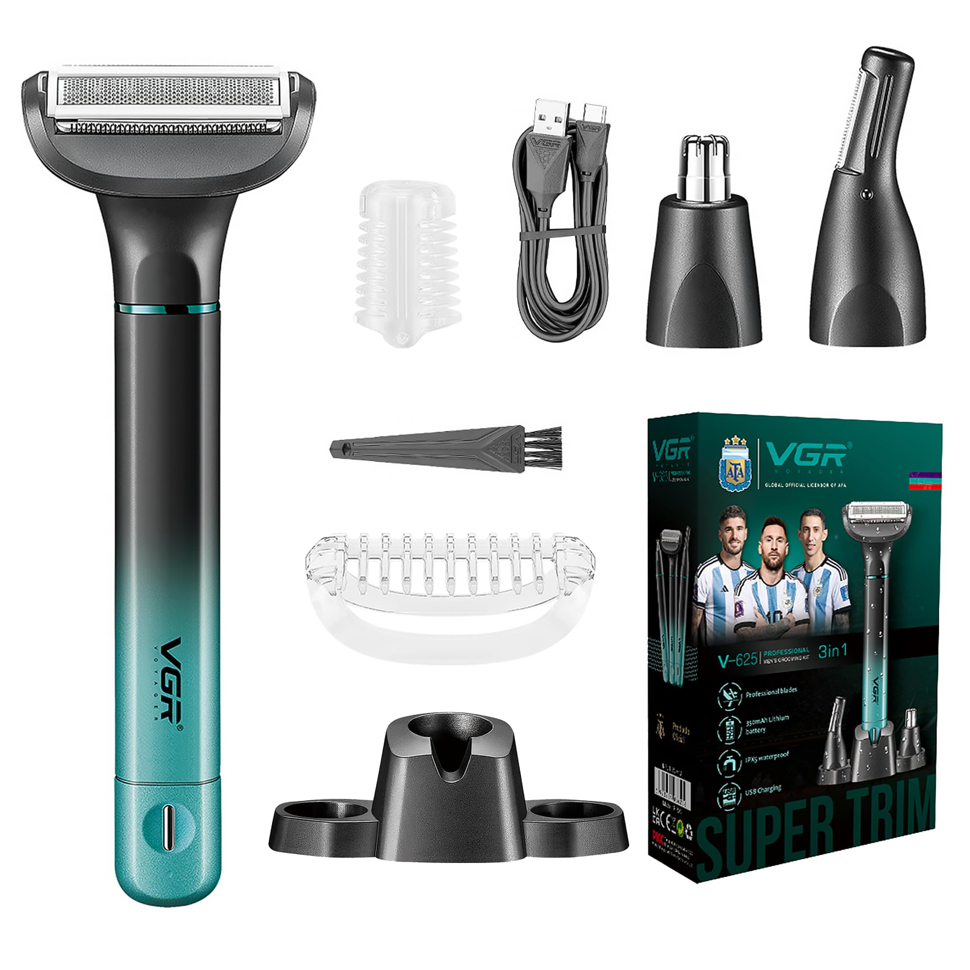 VGR 625 3 in 1 Men's Body Epilator, Men's Hair Removal Machine Cordless Set with Base, Body Shaver and Nose Clipper Set for Chest, Legs, Armpits, Nose and Face, IPX5, Green