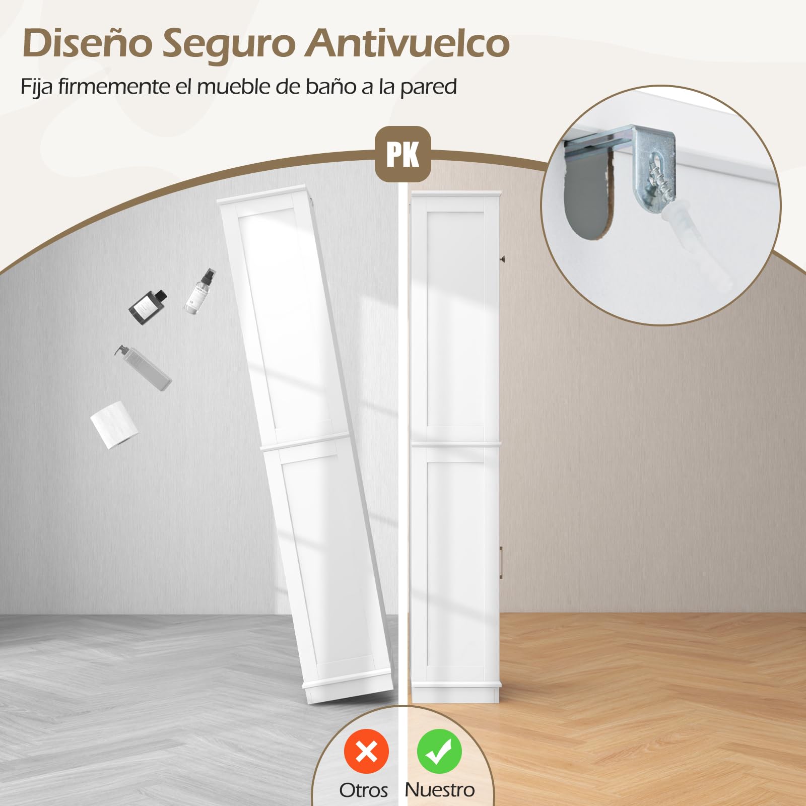 GOPLUS Armario de Baño Alto de 170,5 CM, Armario de Almacenamiento de Pie con Puerta de Acrílico y Estantes Ajustables, 2 Compartimentos Abiertos, Organizador Estrecho para Baño Cocina Salón (Blanco)
