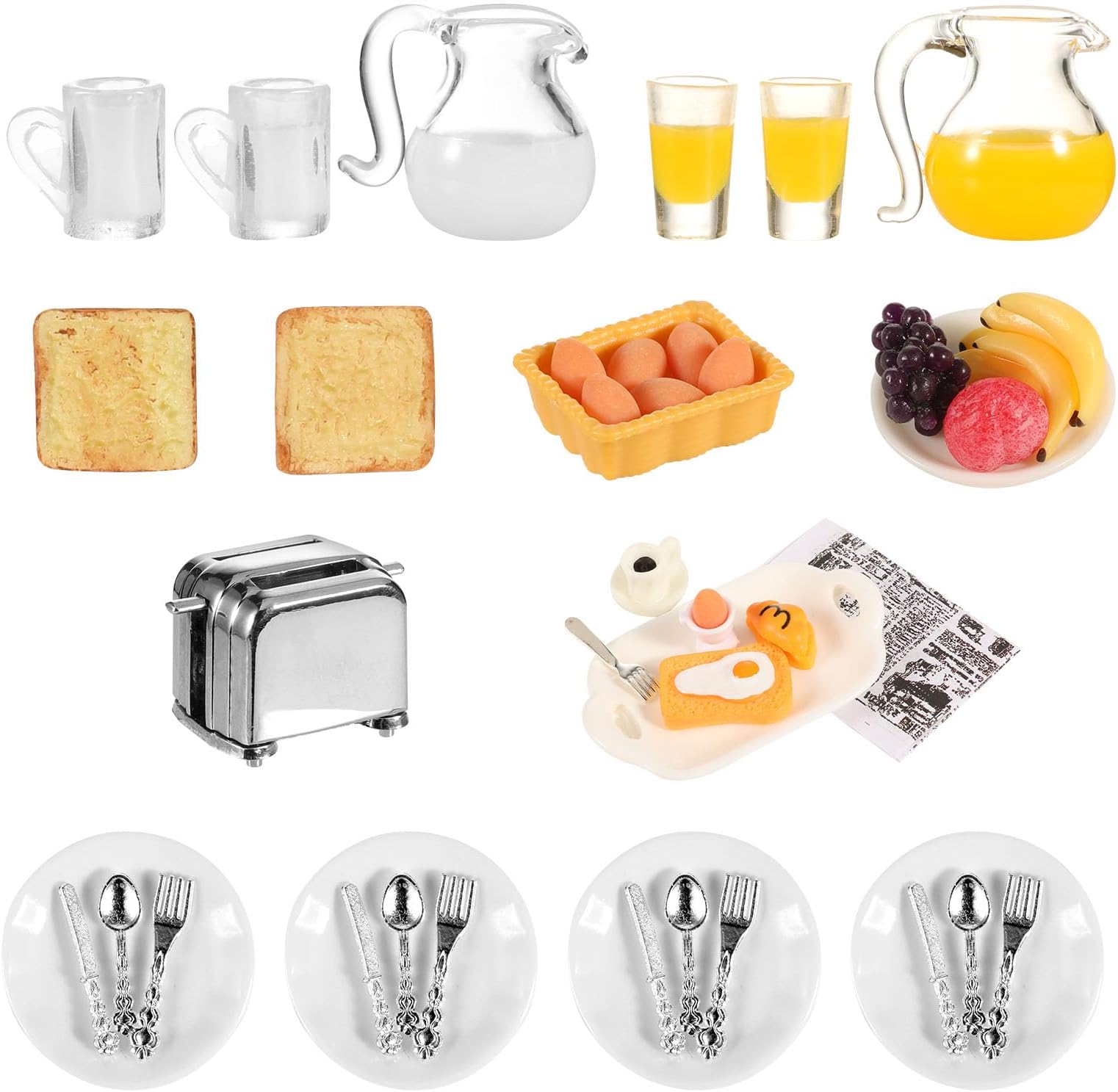 simarro Miniature Dollhouse Breakfast Accessories, 46 Pcs 1:12 Scale Mini Toast Machine Bread Milk Eggs Cups Fruits Plates Fork Spoons Drink for Dollhouse Kitchen Scene and Cake Topper Decor
