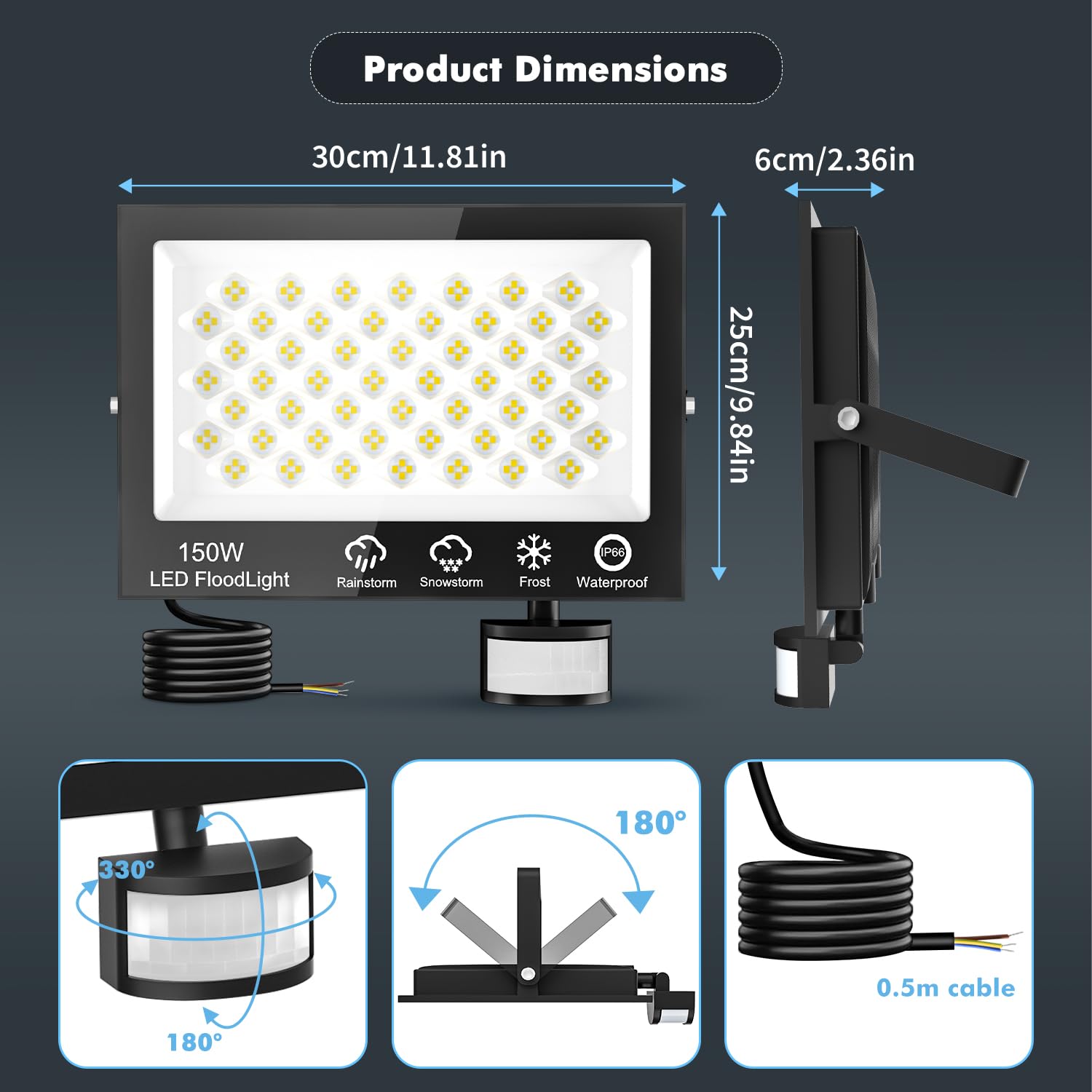 Projecteur LED Extérieur 150W avec Détecteur et Télécommande,6500K Blanc Froid Spot LED Extérieur,15000LM Eclairage Exterieur avec Detecteur,IP66 Étanche Projecteur Exterieur pour Jardin Garage