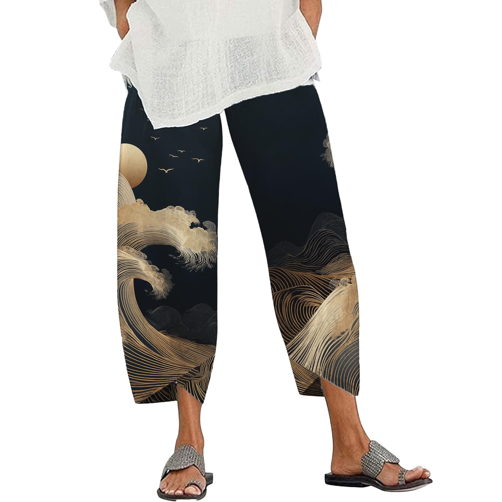 Womens Capri Pants Japanese Art Style Ocean Wave Print Pants Summer Trendy Casual High Waist Cropped Wide Leg