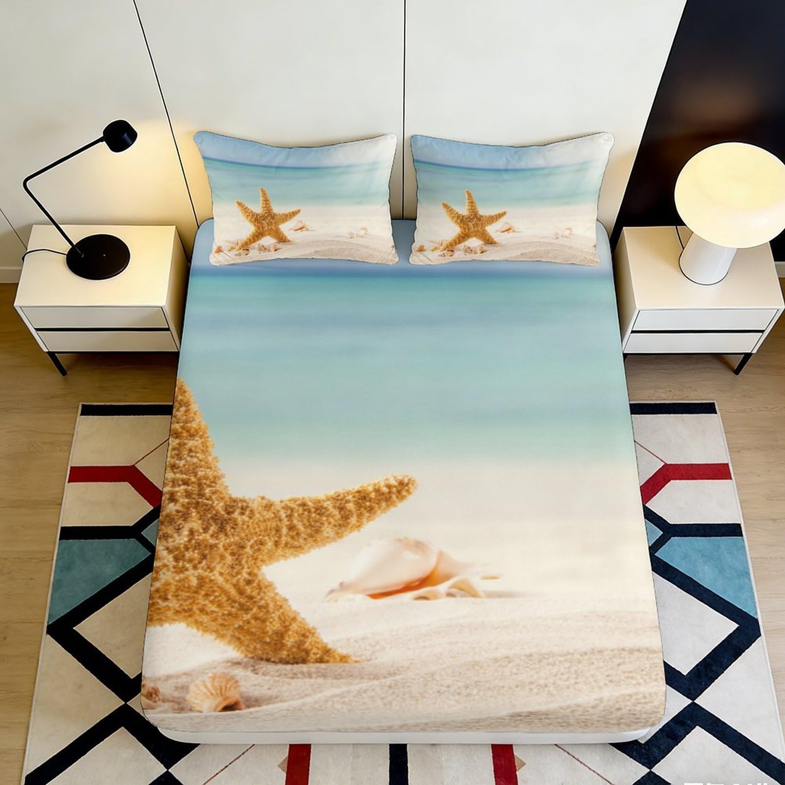 3D Printed Beach Starfish Fitted Sheet Microfiber Soft Mattress Cover Ocean Shell Bedroom Decor Non-slip Washable 90x200x25cm
