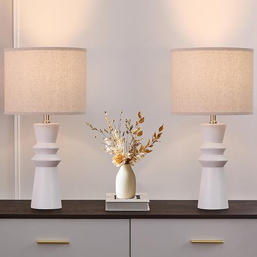 Miniatura 5 de Juego de 2 lámparas de mesa de cerámica blanca de 24.75 pulgadas, juego de 2 lámparas blancas minimalistas modernas para sala de estar, dormitorio y