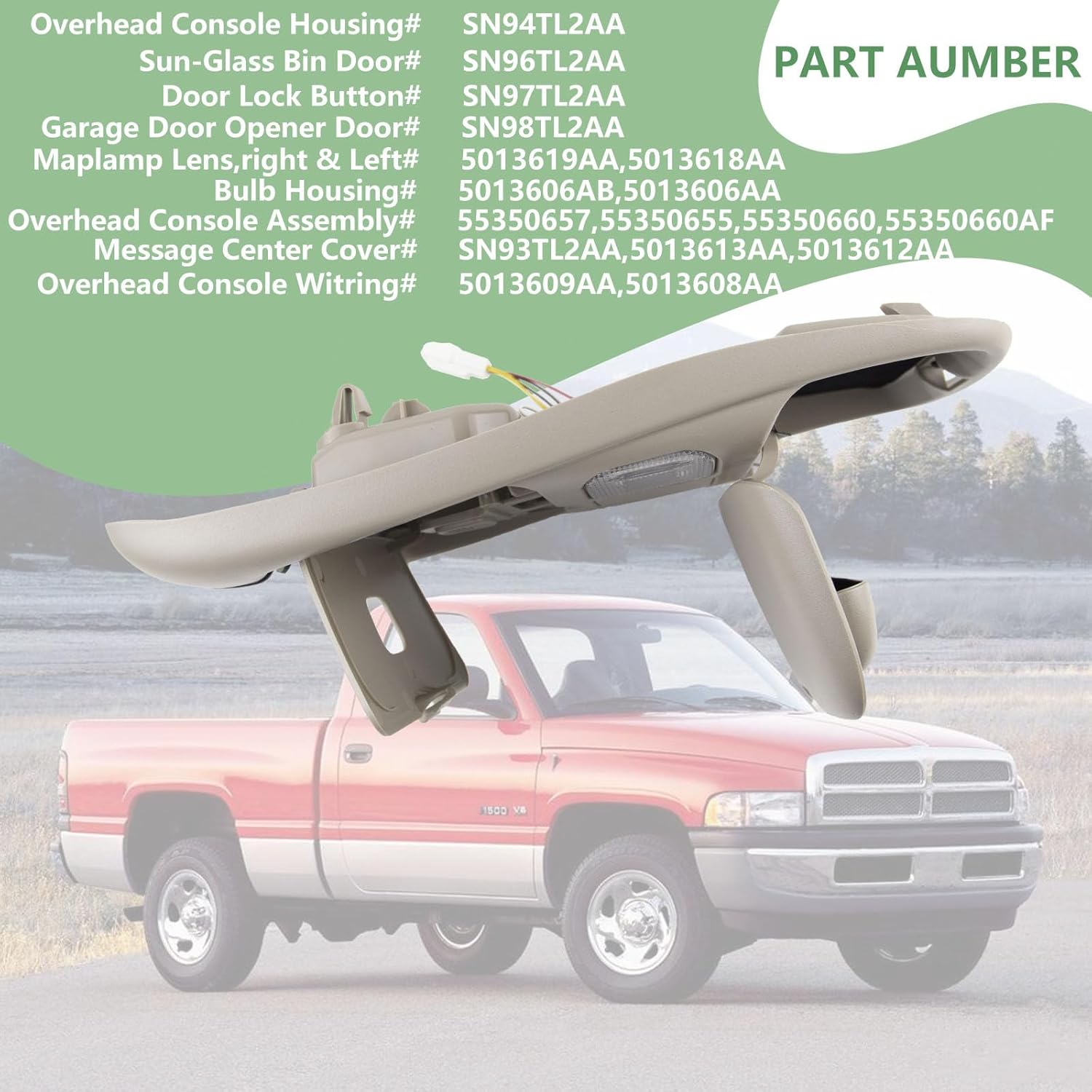 Overhead Console Dome Map Led Reading Light Lamp Compatible with 1999 2000 2001 Dodge Ram 1500 2500 3500, 2002 Ram 2500 3500,Cab Lights Sunglasses Storage, Replaces SN96TL2AA