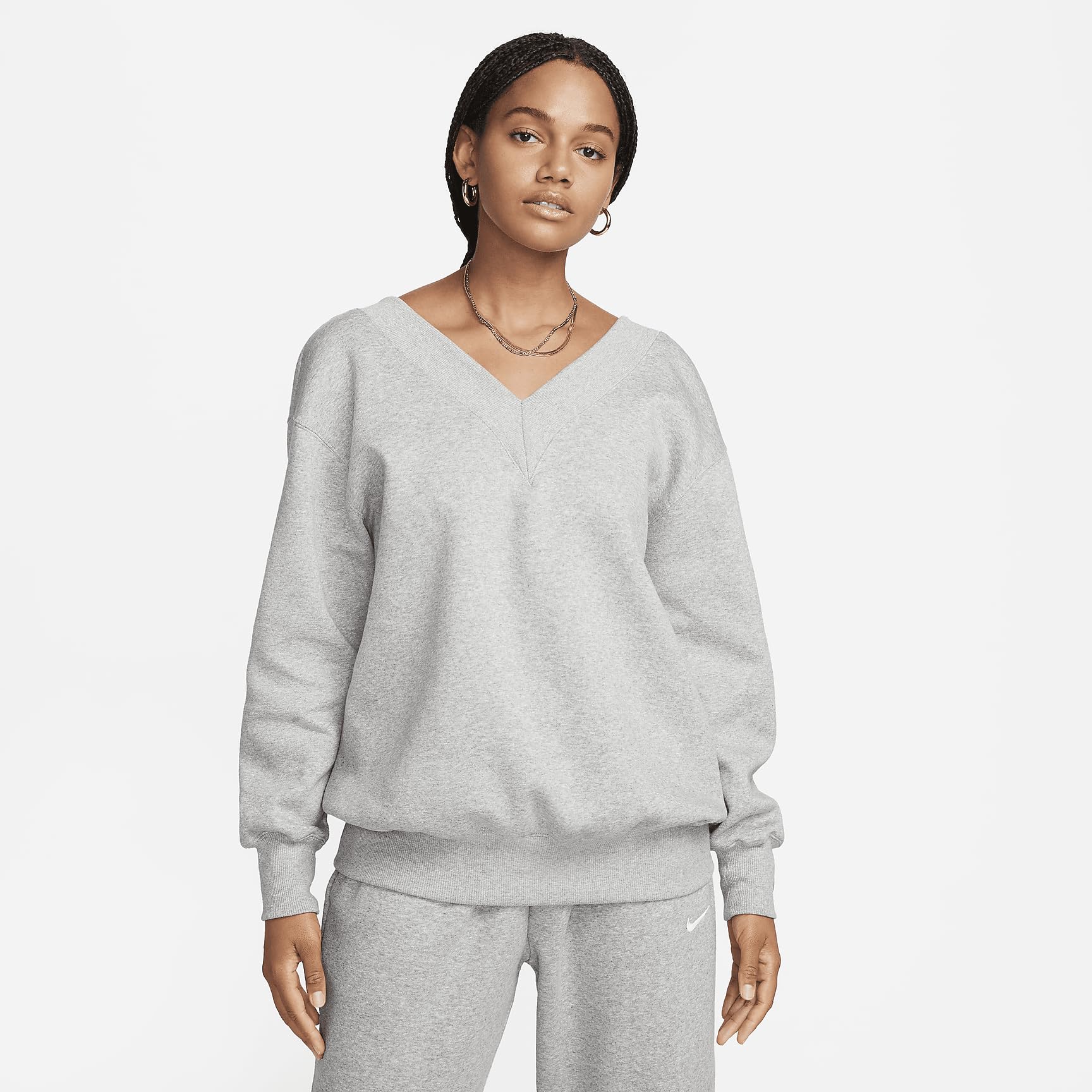 NIKE FB8317-063 W NSW PHNX FLC OS VNECK SWTSH Sweatshirt Women's DK GREY HEATHER/SAIL Size S