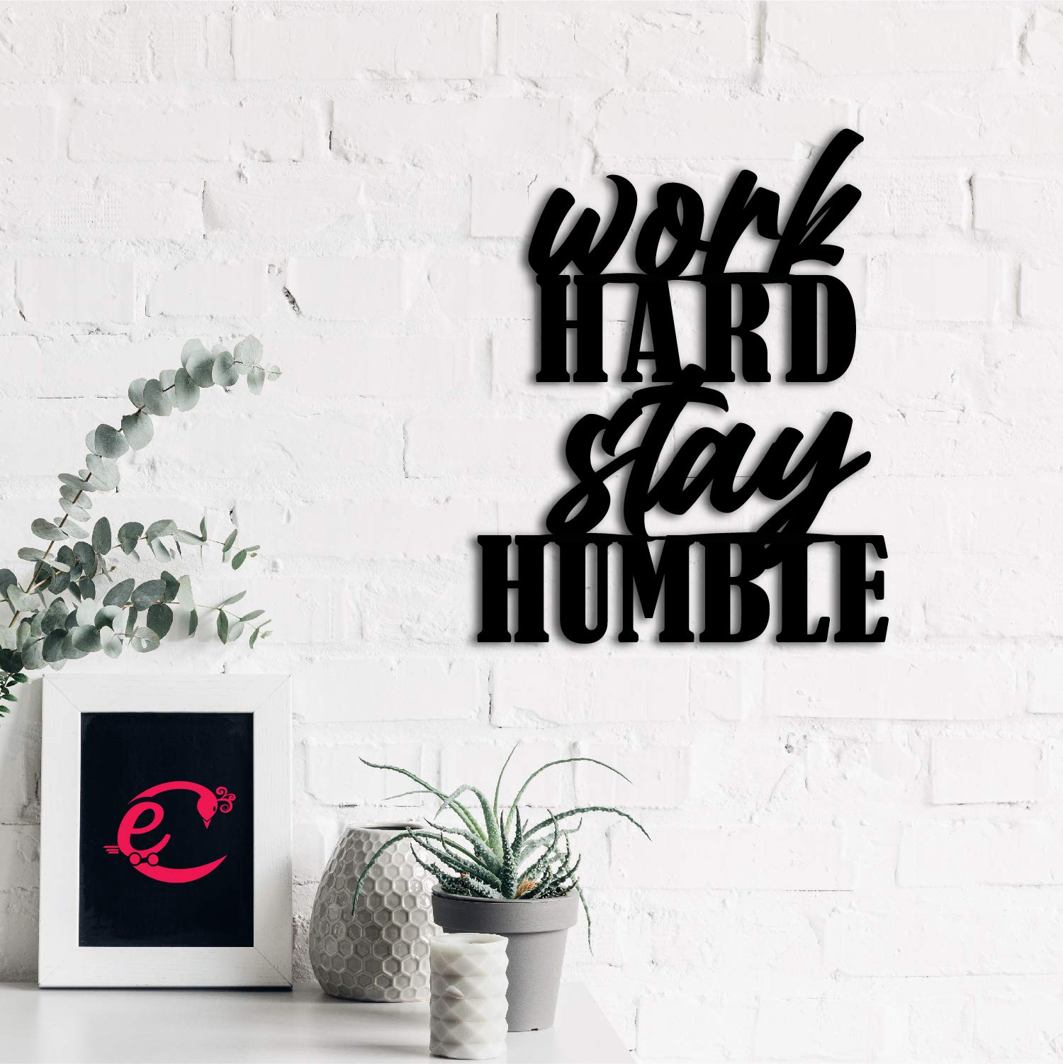 eCraftIndia Work Hard Stay Humble Black Engineered Wood Wall Art Cutout, Ready to Hang Home Decor, one Size (WMDFCO130)