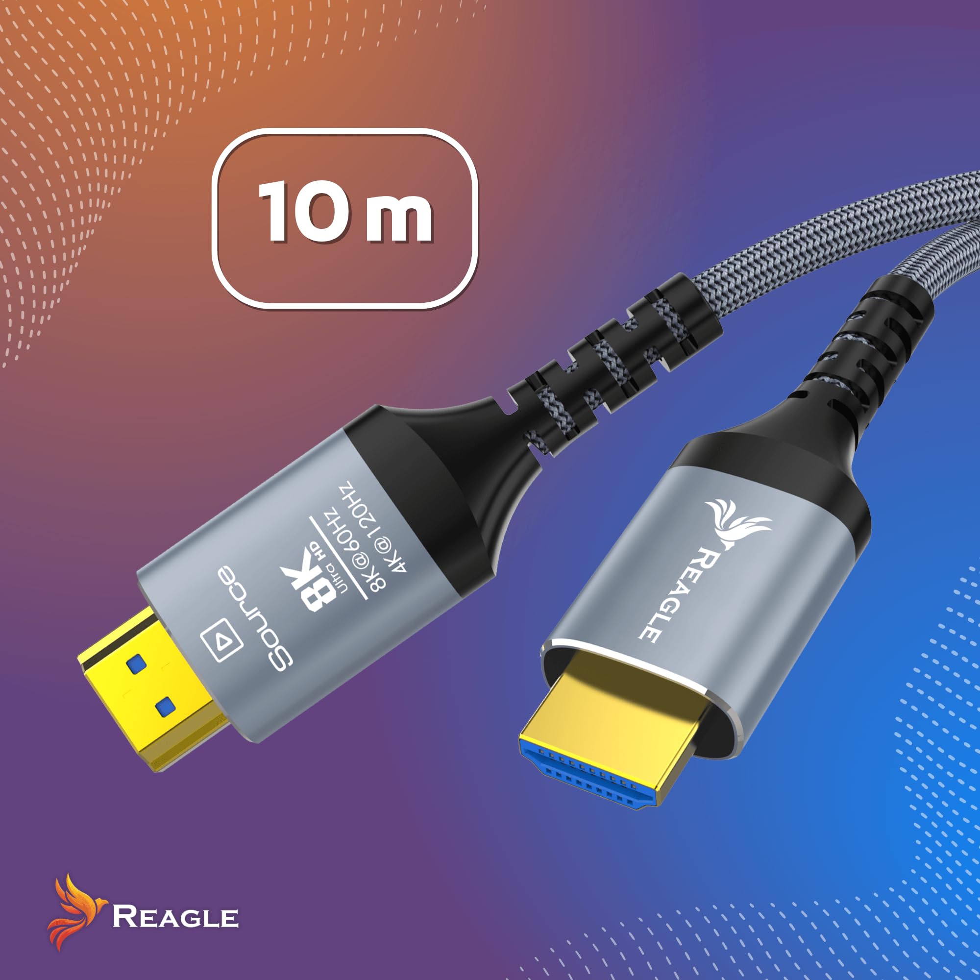 Reagle Cavo HDMI 2.1 Ottico AOC 10 m, Cavo in Fibra Ottica 48 Gbps, 8K@60Hz, 4K@144Hz/120Hz, Dynamic HDR, eARC, VRR, Compatibile con PS5, Xbox Series X/S, TV, Proiettore e PC, Unidirezionale