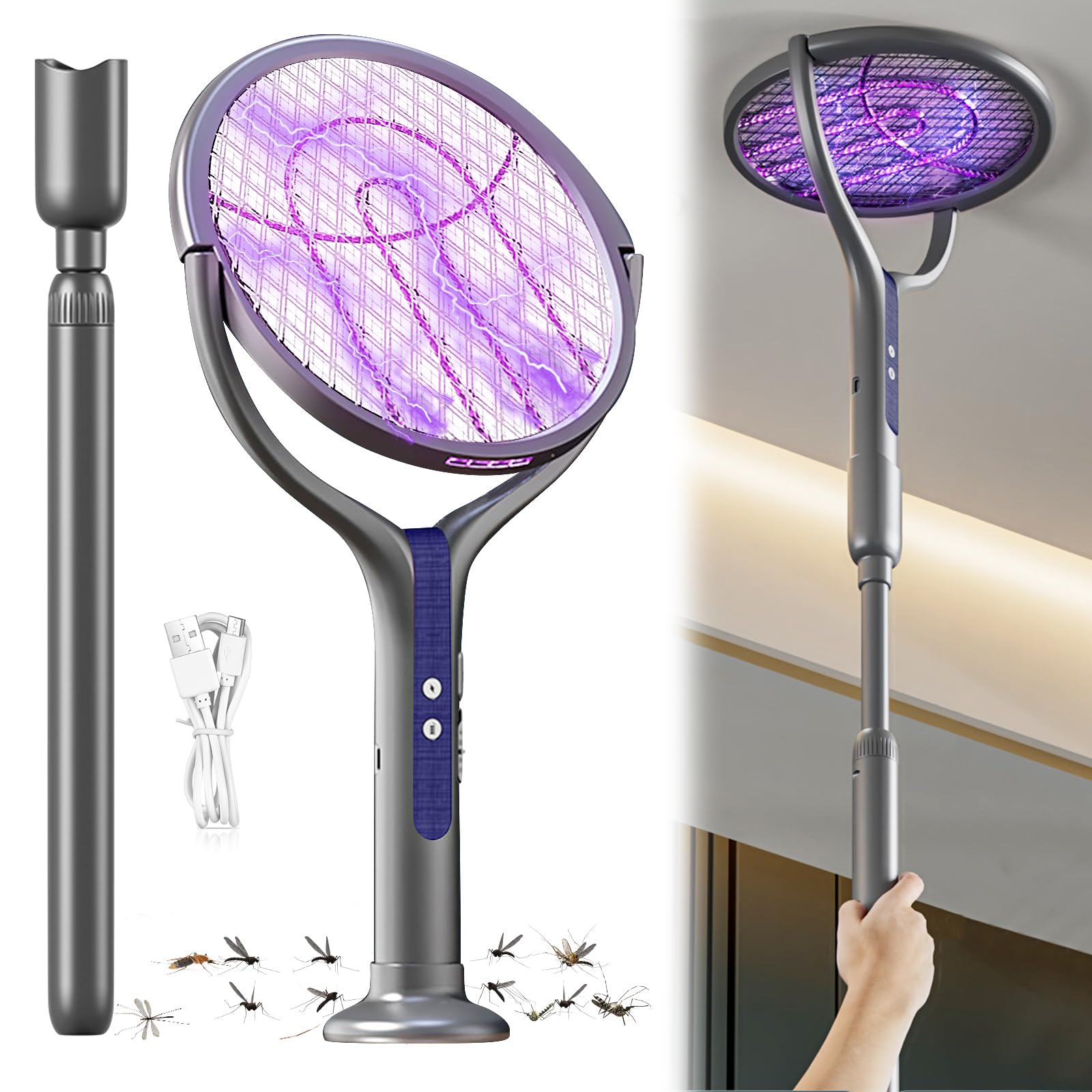 Electric Fly Zapper Racket, 2800V Bug Zapper Racket with UV Light, Rechargeable Electric Fly Swatter, Rotating Head & Telescopic Handle, Indoor Outdoor Fly Control