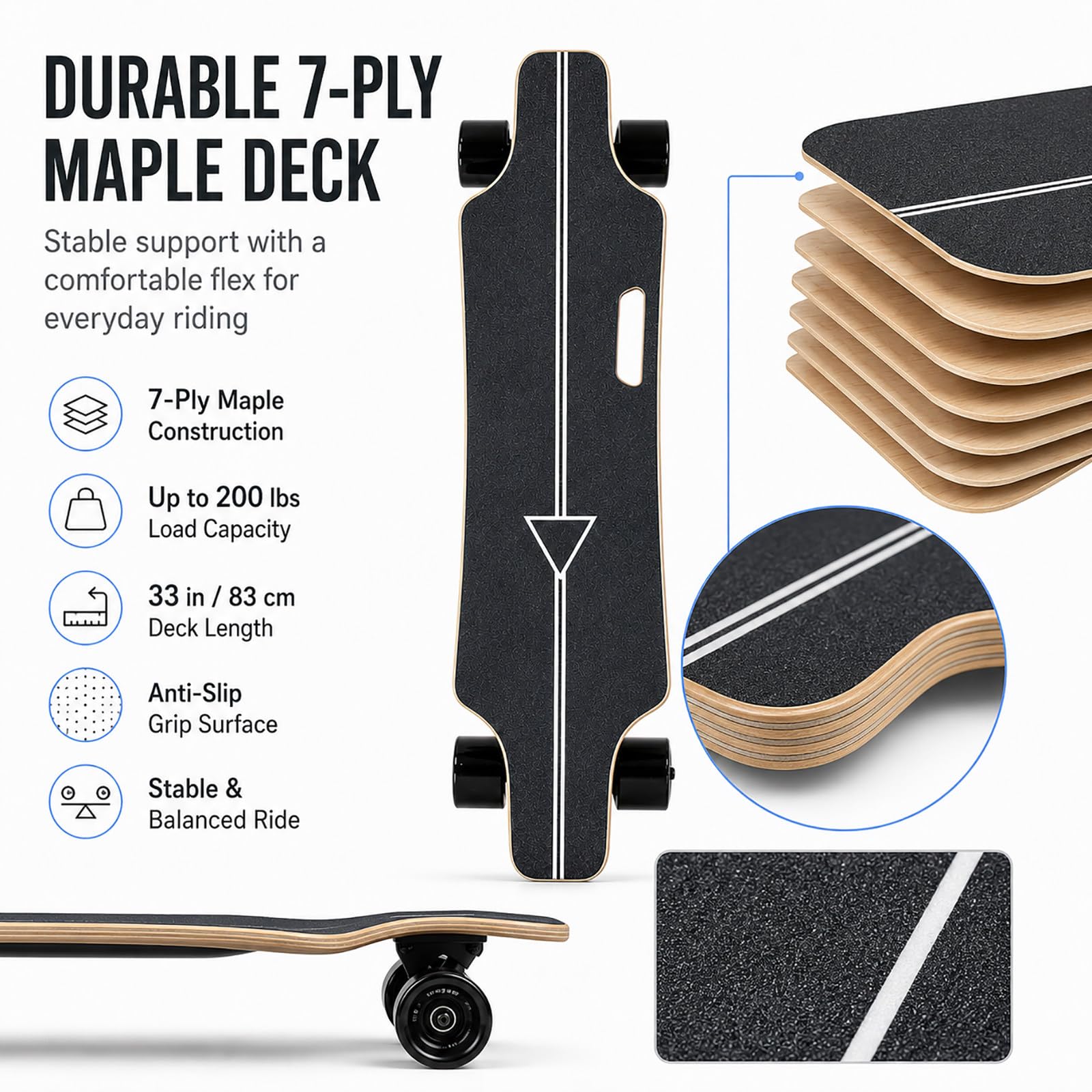 Skate Électrique 33 Pouces - Longboard Électrique avec Moteur 350W, 4 Vitesses, Télécommande, pour Débutants et Adultes