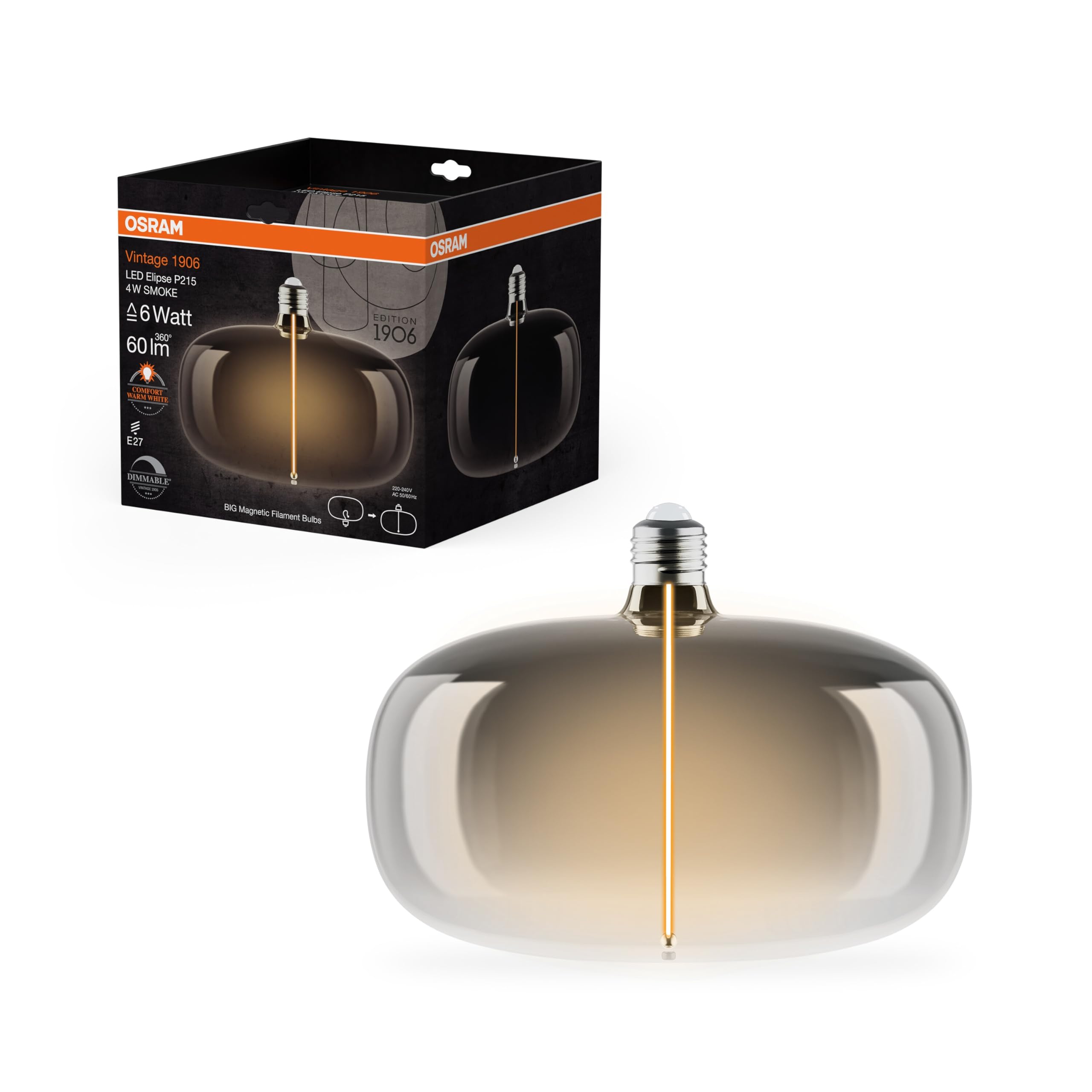 OSRAM Vintage 1906 Big Elipse, ściemniana lampa LED z żarnikiem w kształcie elipsy, oferuje 4 W na 60 lm, oprawka E27, dymiona konstrukcja, średnica 215 mm, współczynnik oddawania barw CRI 80, 1800 K.