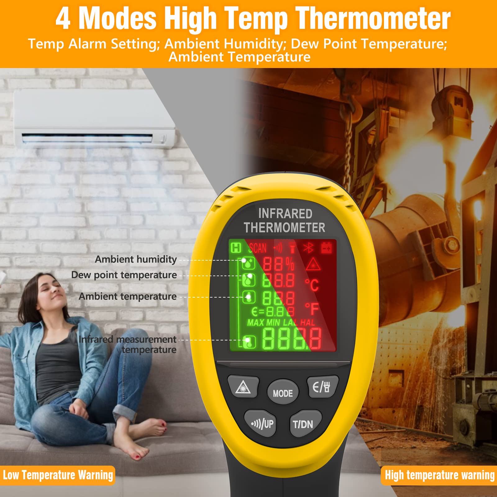 Thermomètre Infrarouge -50℃ à 800℃ à Double Laser Pyromètre 4 en 1 avec Humidité, Température Ambiante, Point de Rosée, Écran Couleur & Alarme 【Non adapté aux personnes】