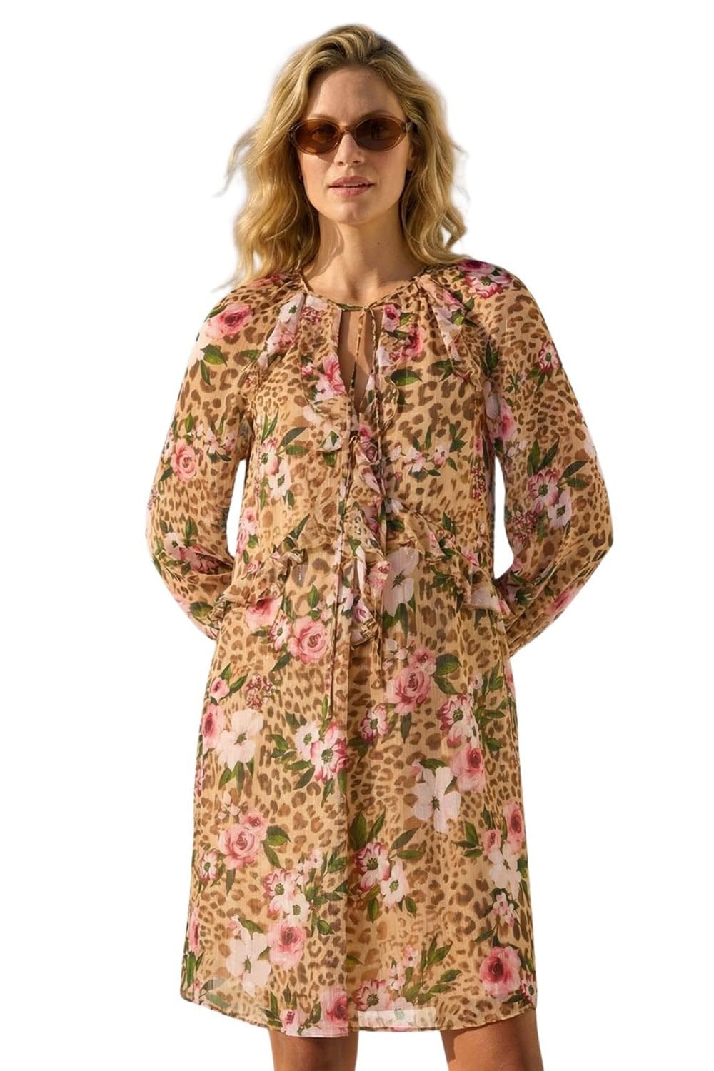 Roman Originals Women's Neutral Roman Rose Print Ruffle V-Neck Smock Dress For Uk Spring Everyday Summer Holiday Long Sleeve Soft Knee Length Comfy Frill Detail Frock Dinner Date Gowns - Size 18