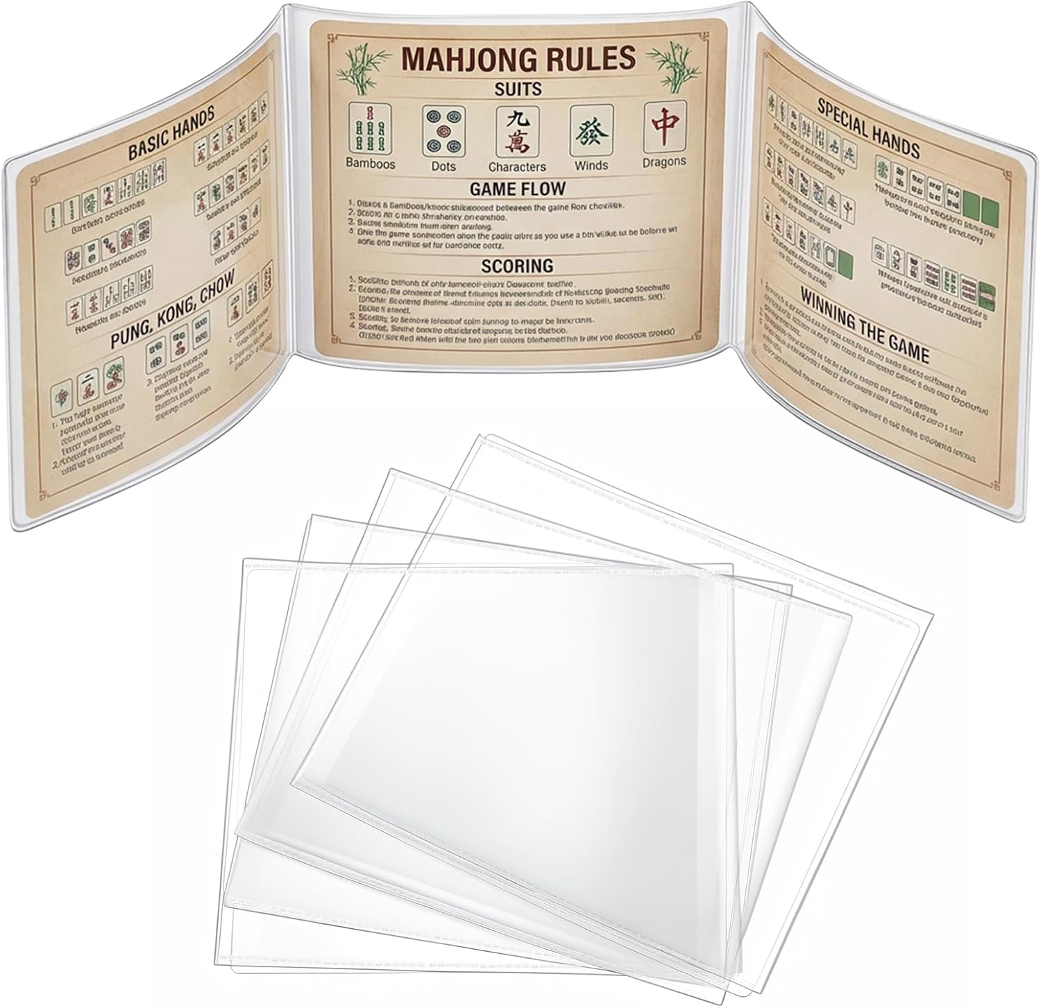 4Pcs 2026 Mahjong Card Sleeve, Clear Mah Jong Card Holder Fit Large Print Size Scorecard (6 1/8”x4 3/4”), Plastic Mahjong Cards Protector, Durable Tri-Fold Mahjongg Protector for Game Nights & Travel image 2