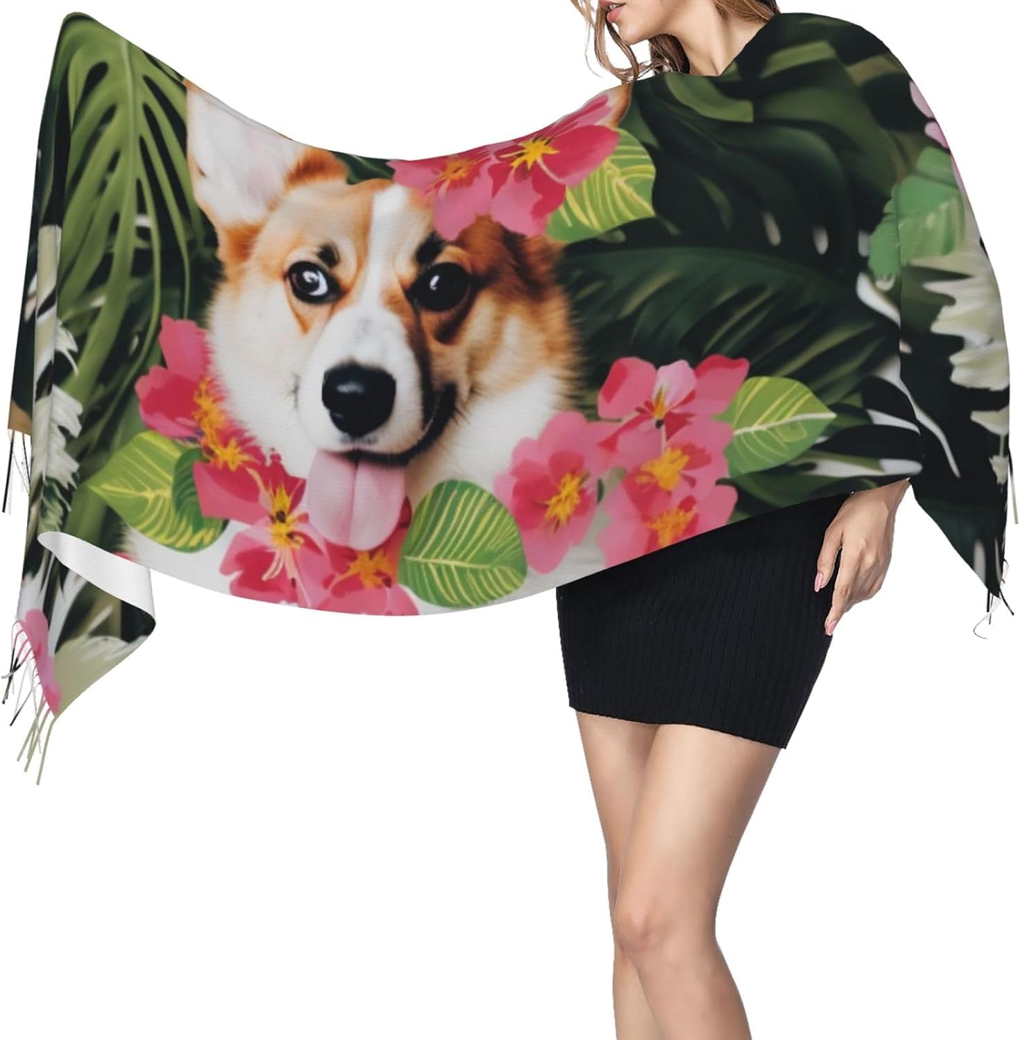 (tropical flower and corgi) Women's Soft Warm Scarf Large Plush Shawl Wrap with Fringe Fashion Winter Scarves for Cold Weather