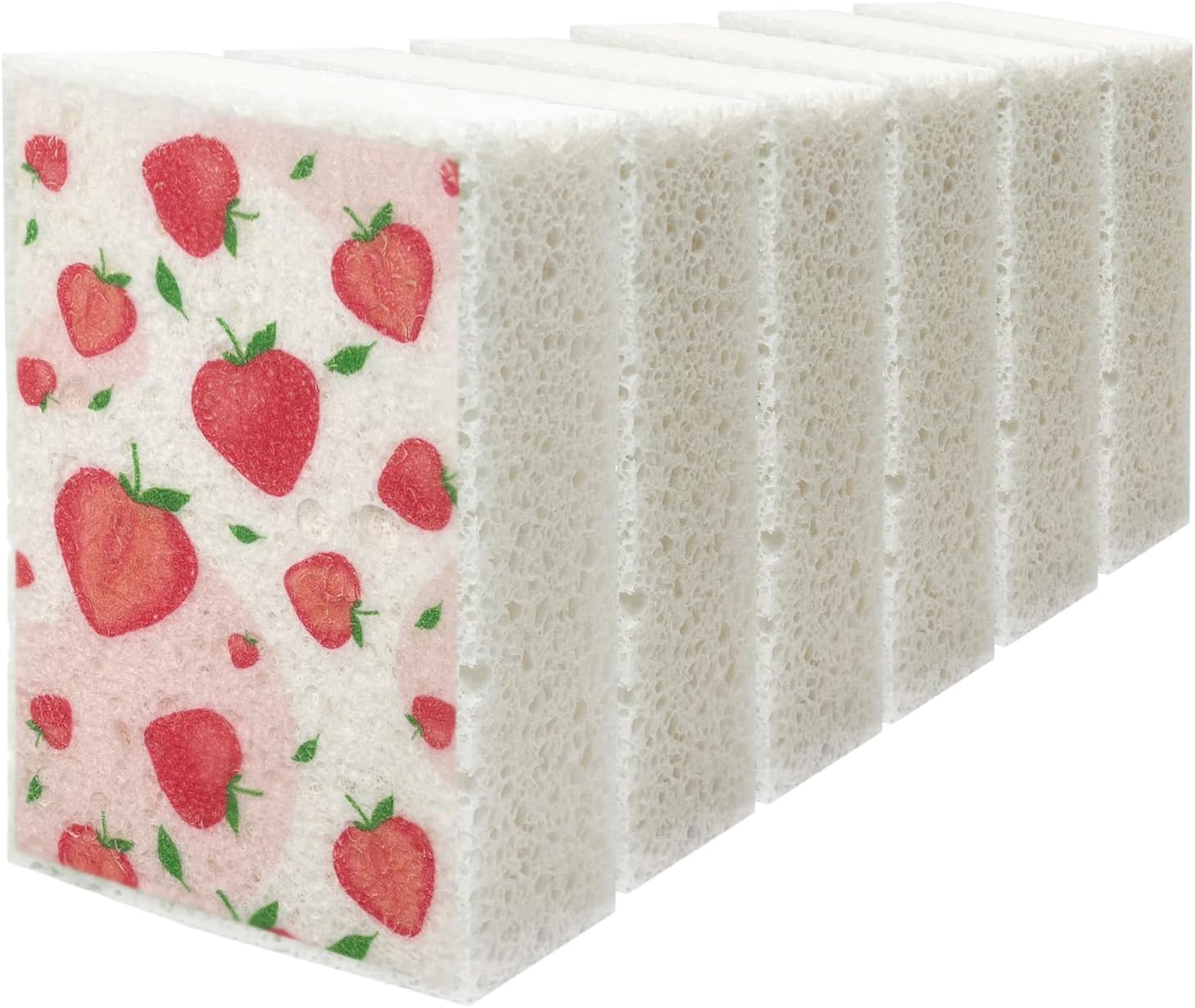 Scratch Scrub Sponge, 6 - Pack Kitchen Sponges for Cleaning Around the Home, Bathroom & More, Large Size Scratch-Free Dish Scrubber, Best for Nonstick Pots and Pans (4" x 6" x 1",Strawberry)
