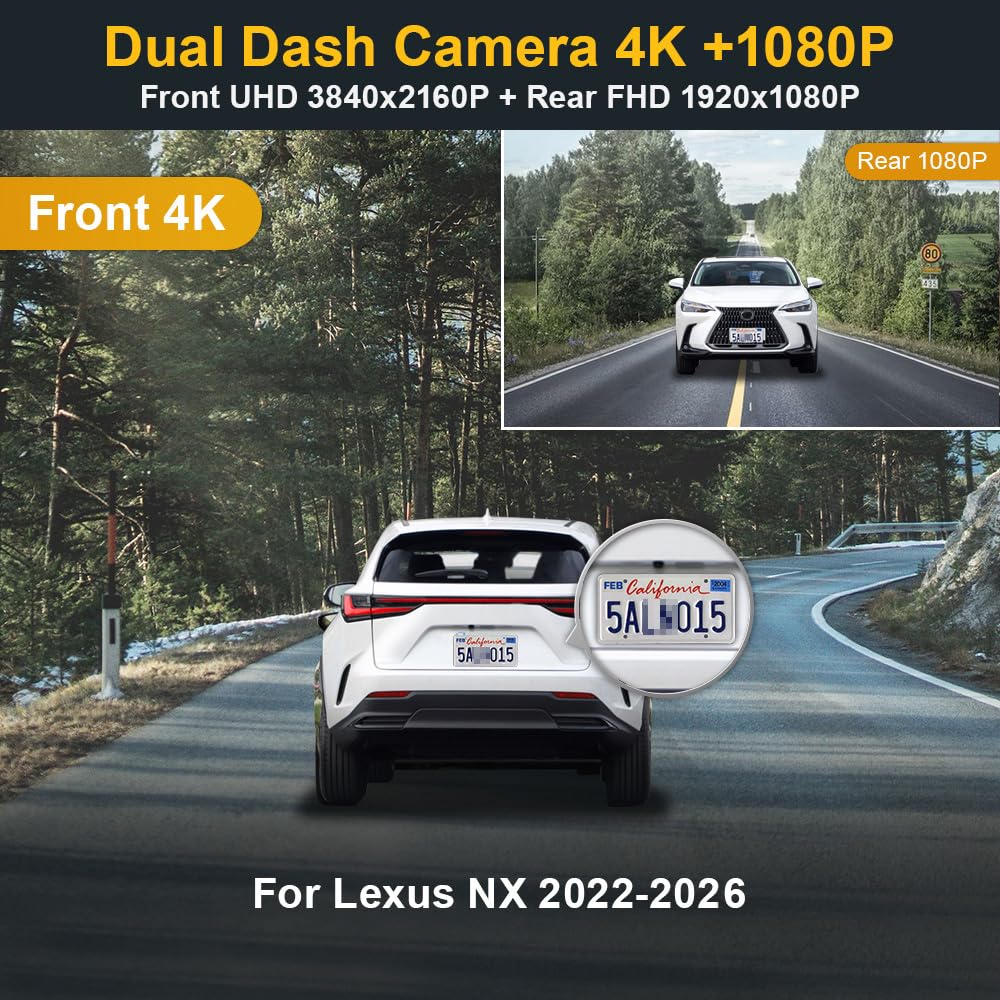 Fitcamx 4K Dashcam do 2022-2026 Lexus NX350 NX250 NX300 NX Premium Luxury NX450h F Sport Gen2, OEM kamera samochodowa Auto, podwójny 2160P + 1080P wideo HD, noktowizor, czujnik G,128 GB