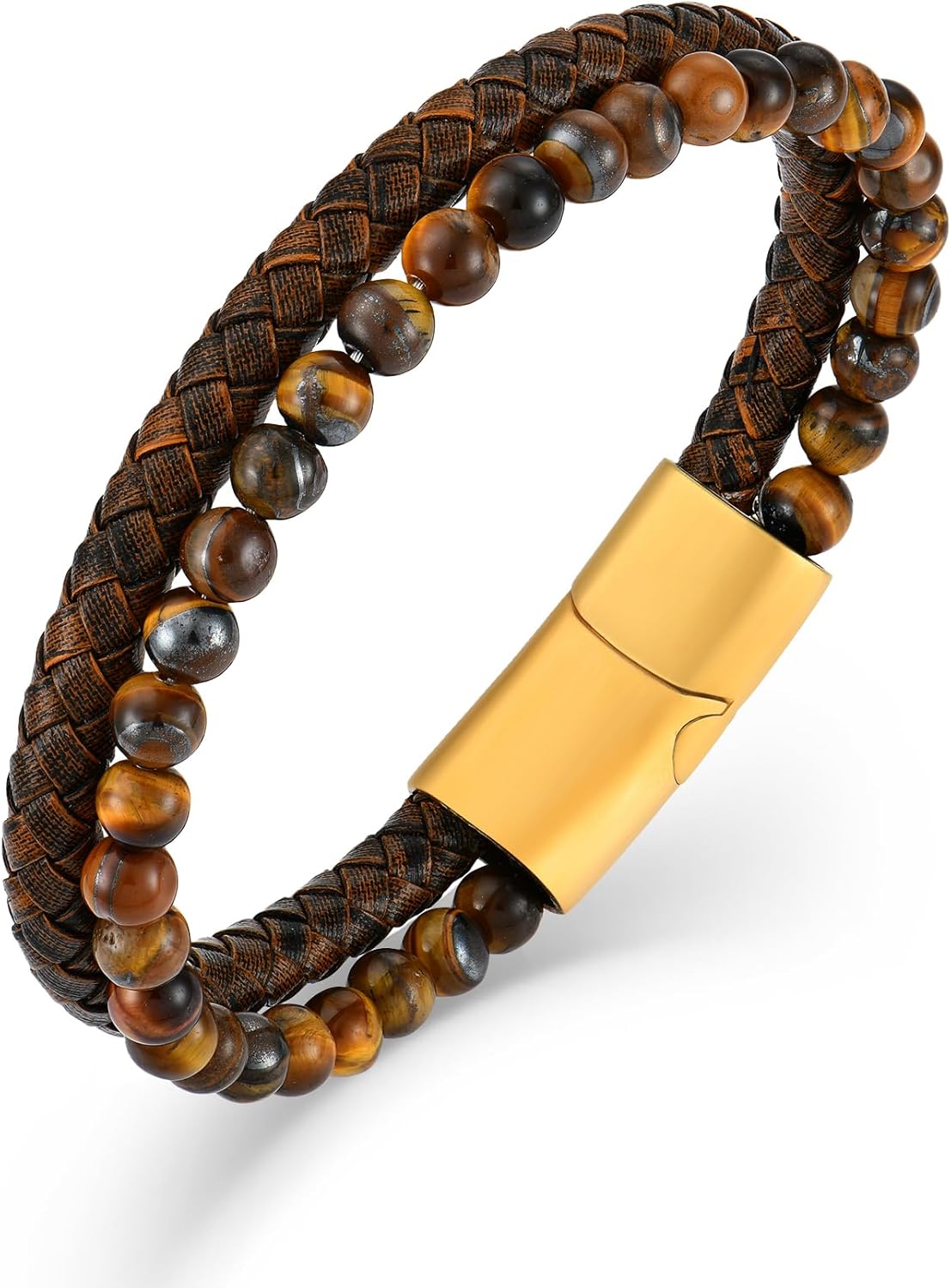 Mens Tiger Eye Matee Black Onyx Lava Rock Volcanic Stone Beaded Bracelet, Black Braided Leather Bracelet for Men