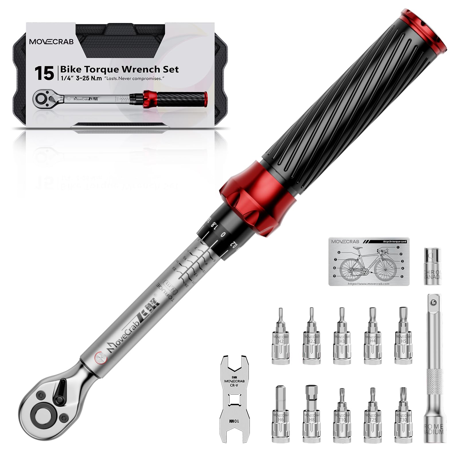 Juego de llaves dinamométricas de clic con accionamiento de 1/4", 3–25 N·m; kit de 15 piezas para el mantenimiento de bicicletas de montaña y de carretera, con puntas y tarjeta