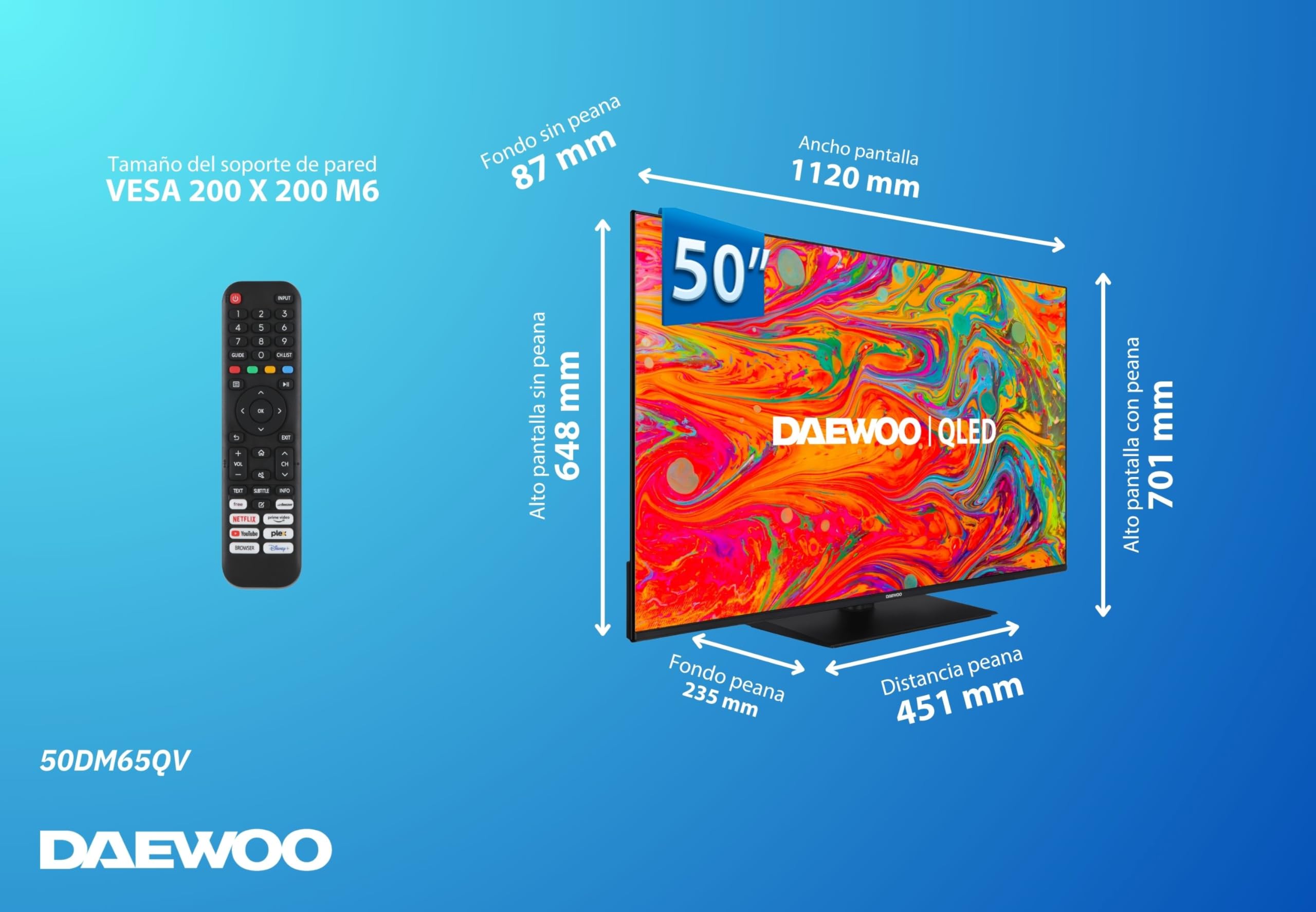 Daewoo 50DM65QV 2025 50" - QLED Smart TV 4K HDR 3840 x 2160, Dolby Vision, Dolby Audio, Peana Central, Diseño sin Marcos