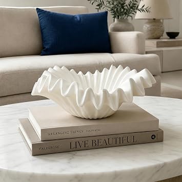 Braxio White Decorative Bowl Resin Ruffle Bowl for Entryway, Dining Table Centerpiece, Fruit or Key Holder for Modern Home Decor, 12 Inch Art Deco Style