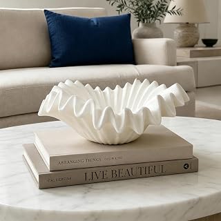 Braxio White Decorative Bowl – Resin Ruffle Bowl for Entryway, Dining Table Centerpiece, Fruit or Key Holder for Modern Home Decor, 12 Inch Art Deco Style