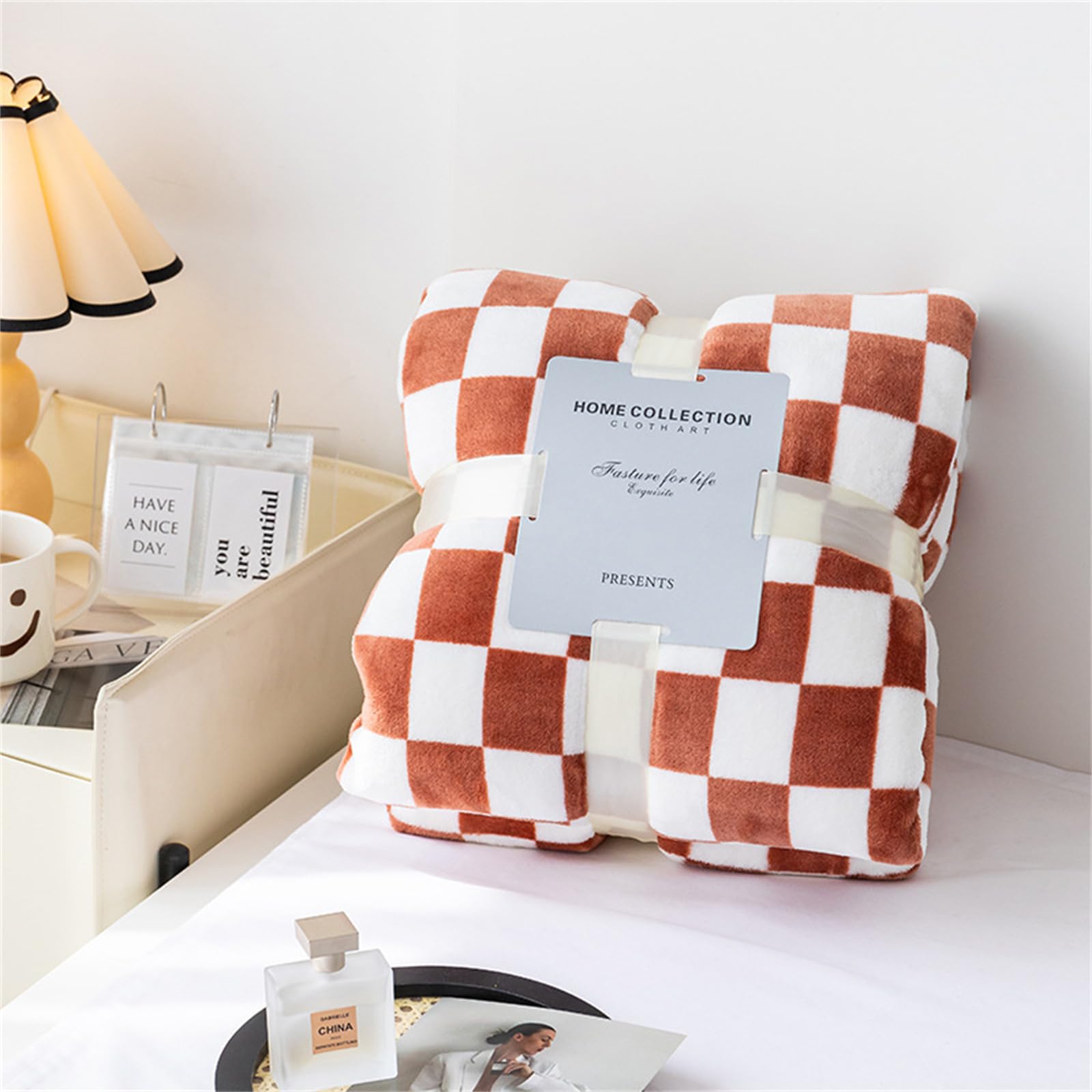 Highdi Winter Blankets and Throws for Sofa Beds, Checkerboard Soft Warm Sofa Throw Fluffy Cozy Bed Throws Fleece Throw Blanket for Kids Adults Bedroom Couch Travel (100 * 150CM,Caramel)