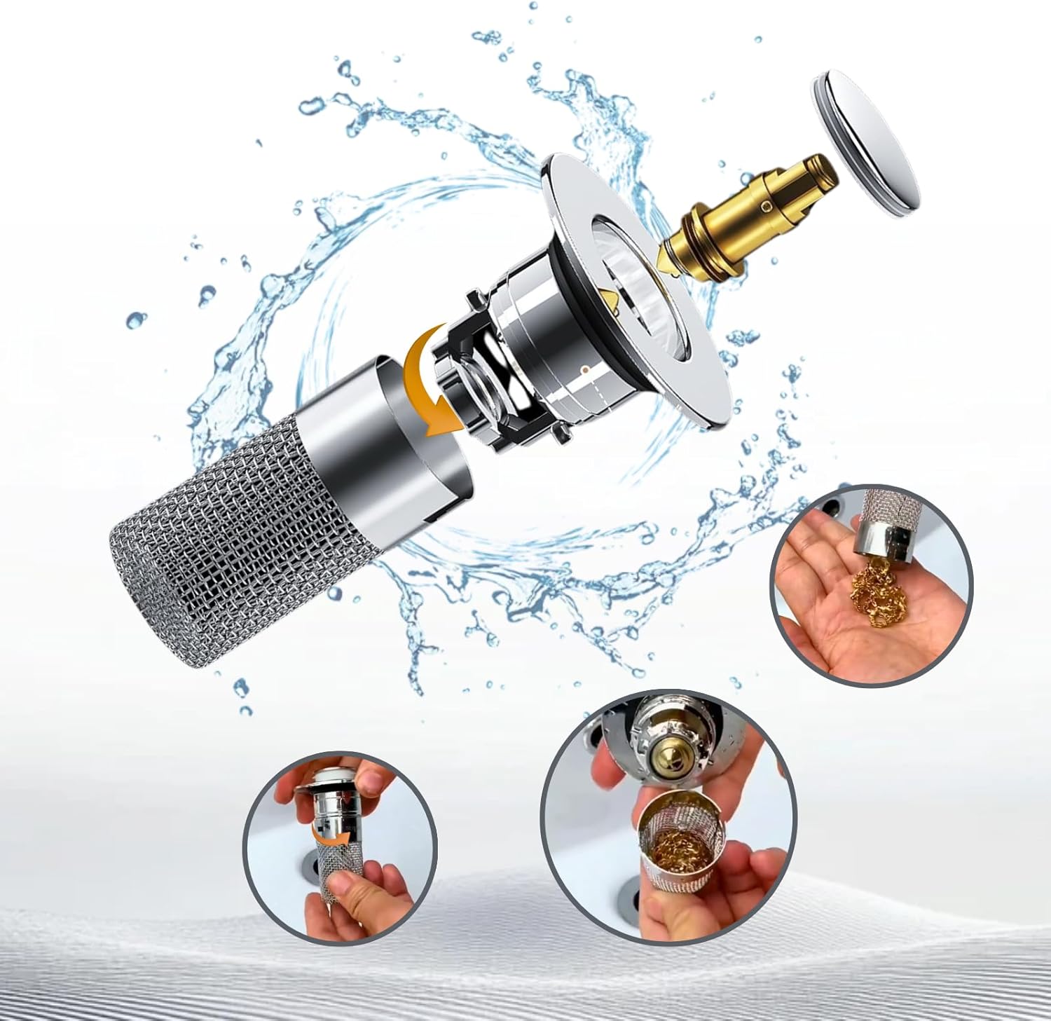 Sink Drain Strainer, Pop Up Bathroom Sink Stopper Stainless Steel Floor Drain Filter with Basket Hair Catcher - Image 2