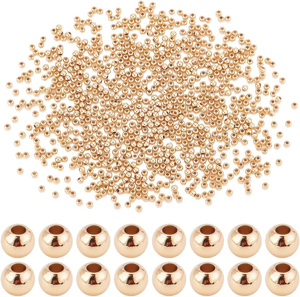 PH PandaHall 1200pcs 4mm 14K Gold Beads Round Spacer Beads Jewelry Beads Waist Beads Loose Beads Smooth Metal Brass Beads for Bikini Belly Chain Summer Beach Layered Bracelet Satellite Jewelry Making