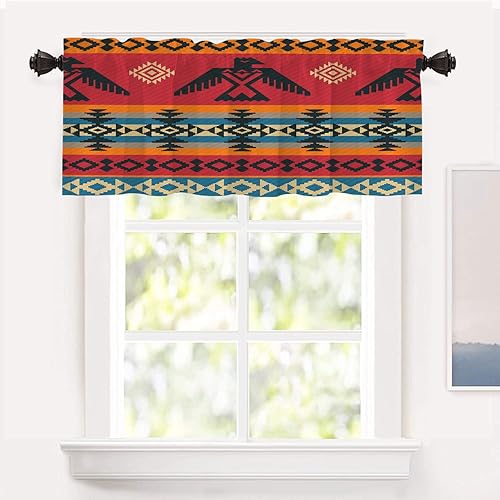 Shrahala Ethnic Geometric Tribal Kitchen Valances Half Window Curtain, Native American Navajo Tribal Design Print Kitchen Valance for Window Ink