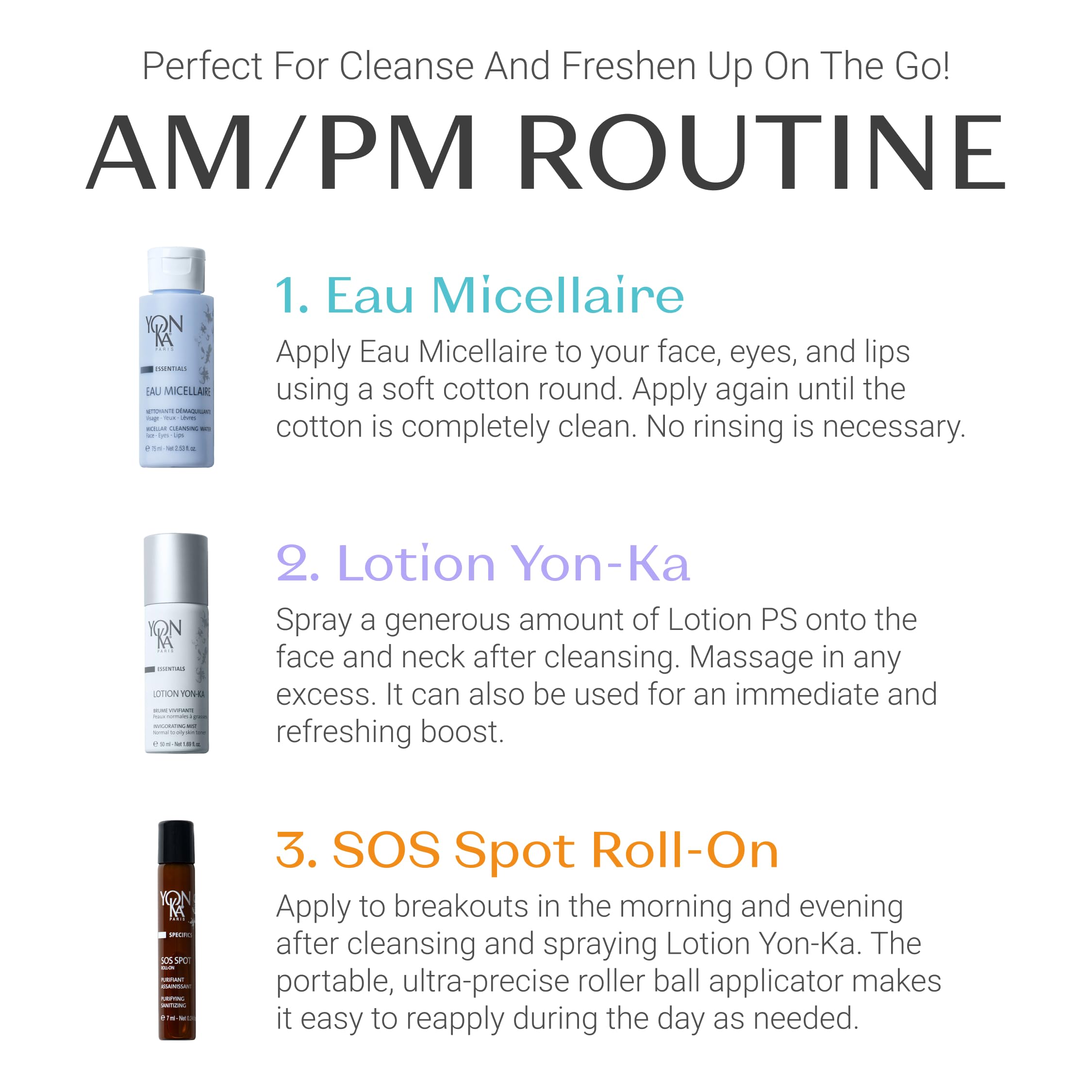 Yon-Ka Purity Travel Set | SOS Spot Roll-On, Eau Micellaire & Lotion Toner | Essential Kit to Cleanse, Purify, Tone & Hydrate Skin | For Dry or Sensitive Skin | 3-Piece Travel Size Set