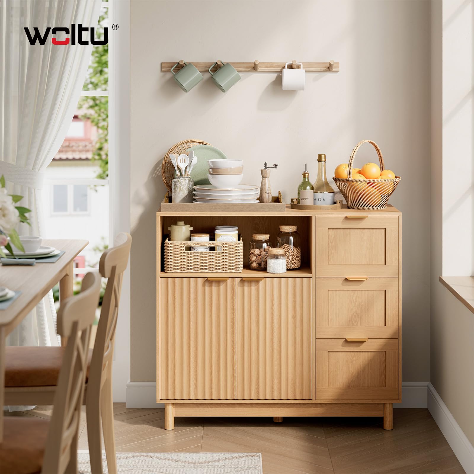 WOLTU Aparador, Mueble Cocina con 3 Cajones, 2 Puertas, Buffet Auxiliar de Cocina con Estante Ajustable, Compartimento Abierto, para Salón, Cocina y Comedor, 90x35x80 cm, Efecto de Madera