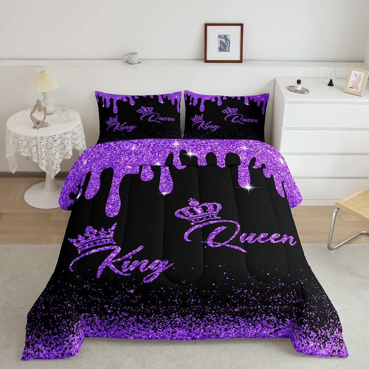Manfei Gold Crown King & Queen Comforter Set,Mr Mrs His and Hers Bedding Set for Kids Teens,Purple Sequin Fluid Art Quilt Set,Duvet Insert 2 Pcs with 1 Pillowcase,Toddler