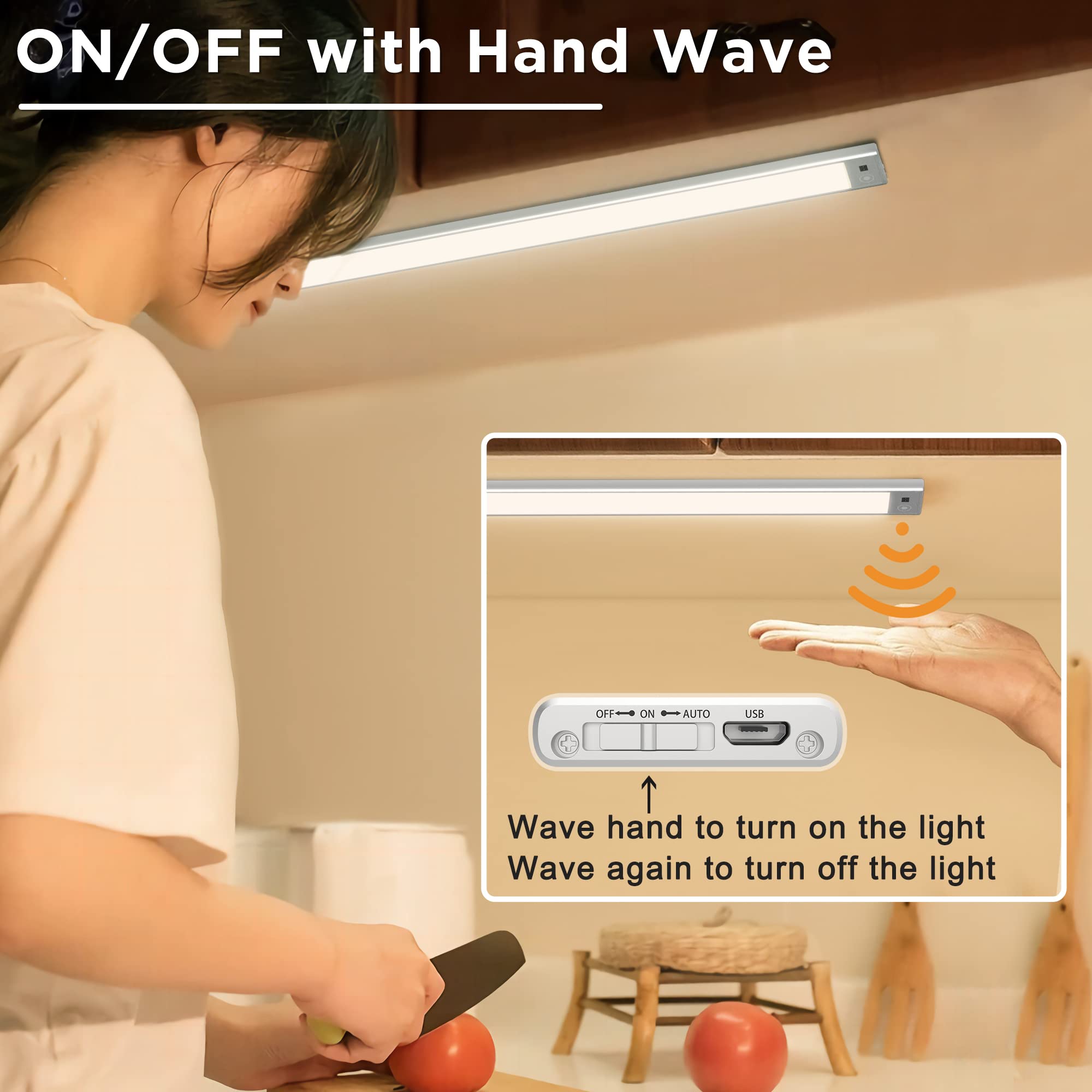 SOAIY 40cm Luce LED Sottopensile con Sensore Movimento a Mano,Barra LED Ricaricabile USB 3000mAh 3Colori Dimmerabile,LED Magnetica Funzione Memoria Senza Fili per Cucina,Armadio,Bagno