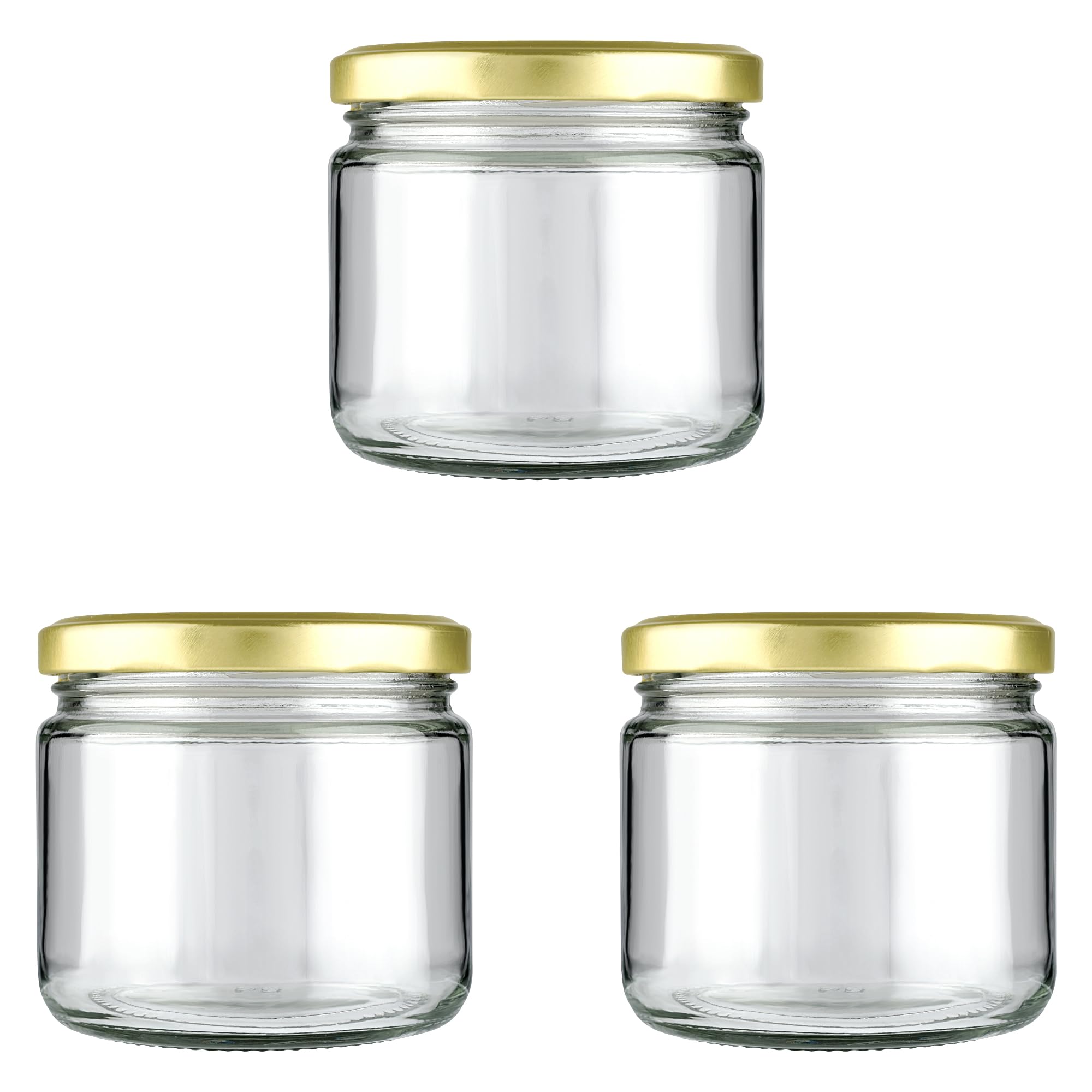 Shiva Organic 350gm Salsa Glass Jar for Kitchen Storage | Food Grade Glass Container | Golden Metal Cap | Air Tight Lid | Clear Transparent Jar (Pack of 3)