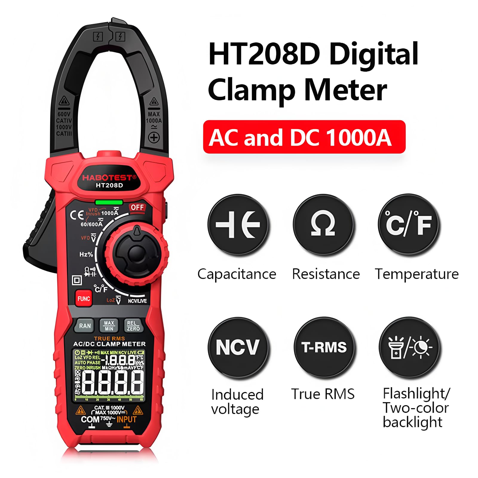 HT208D Multimetro Pinza AC/DC Digitale Misuratore Multimetro Pinza Amperometrica True RMS Alta Precisione Capacitività NCV Ohm Hz Tester (HT208D AC/DC 1000A)
